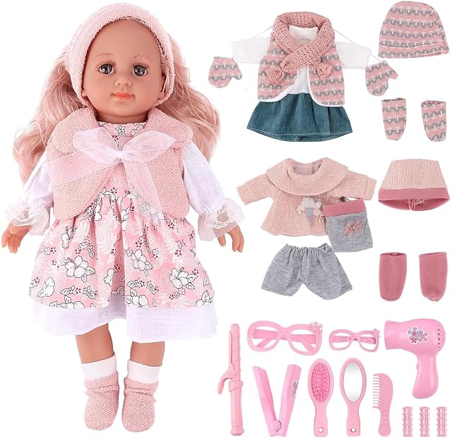 deAO Muñeca de Bebé de 36 cm con 3Ropa Lavable y Muñeco
