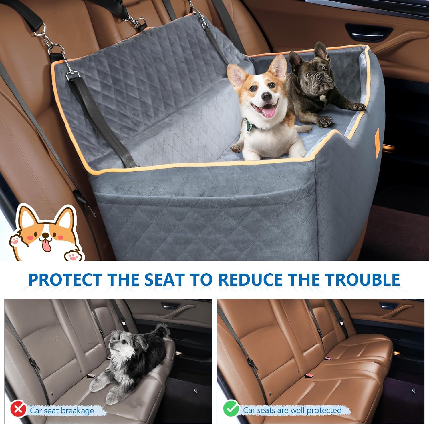 XIEAEOZEE Dog Car Bed for Large/Medium Dogs, Comfortable Pet Booster for Back Seat, Detachable & Washable Travel Seat with Thick Cushion (Gray)