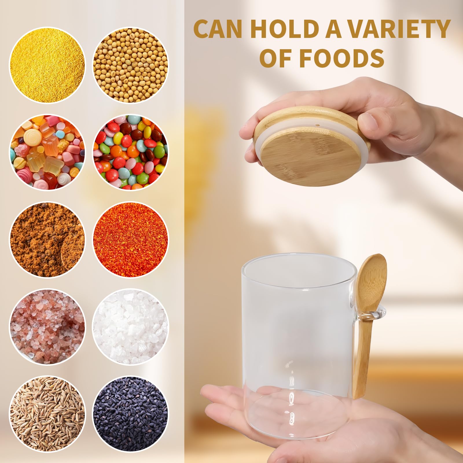 Lot de 12 bocaux en verre avec couvercles et cuillères en bambou, conteneurs hermétiques de 500 ml avec 2 étiquettes et 1 stylo, pour produits secs de cuisine, café, haricots, sucre, épices