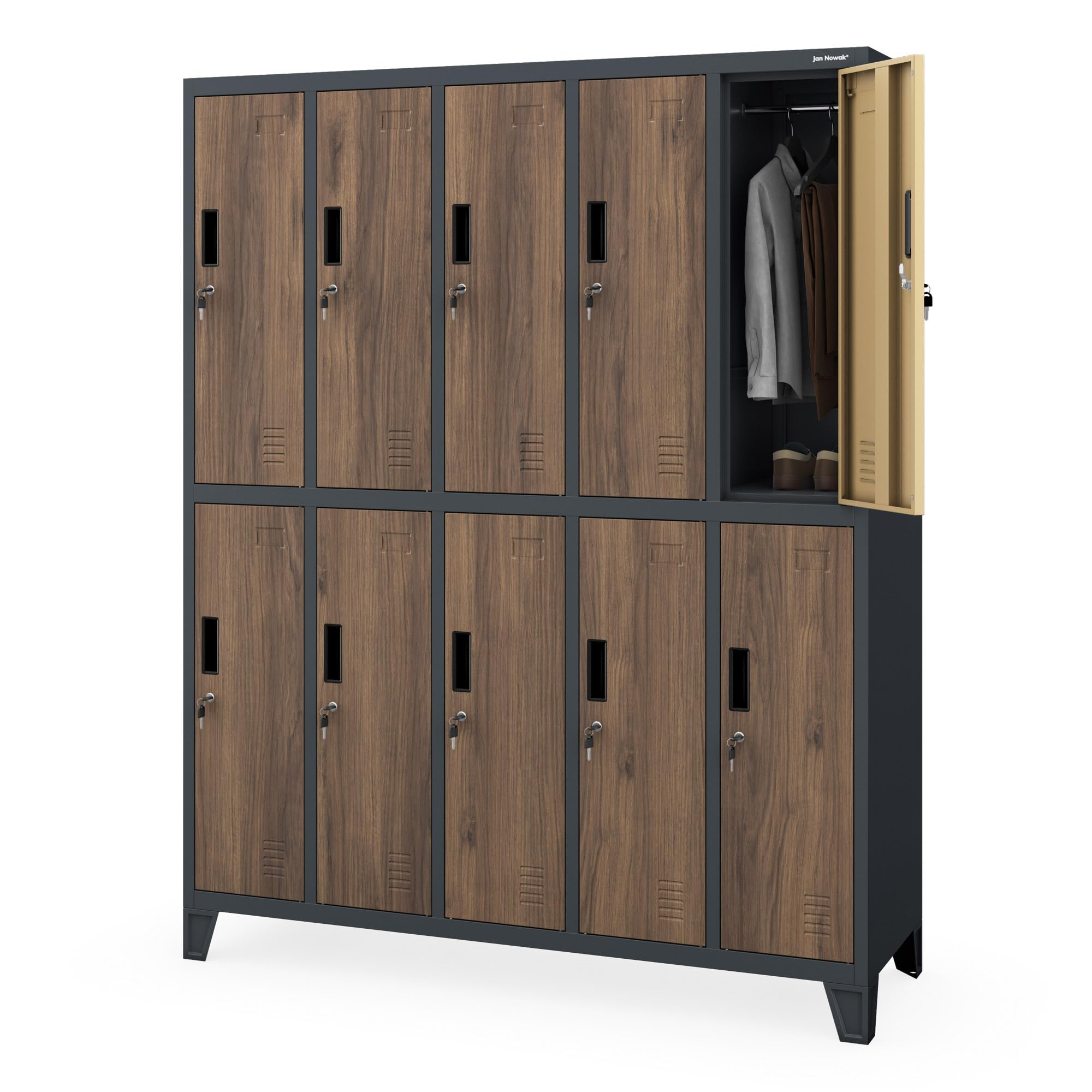 Jan Nowak Casier vestiaire 5B2A Armoire Metallique 10 Compartiments revêtement en Poudre 172 cm x 136 cm x 45 cm (Anthracite/Imitation Bois)