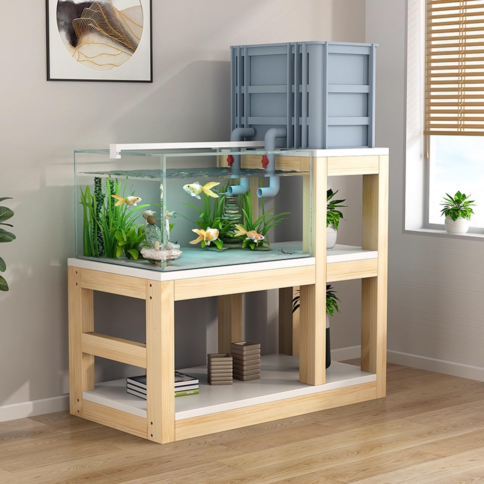 Solid Wood Aquarium Stand, Multi-Tier Storage Fish Tank Stand, Durable, Safe, and Stylish, Ideal for Living Rooms, Bedrooms, and Offices(Natural,43.3x15.7x43.3in)