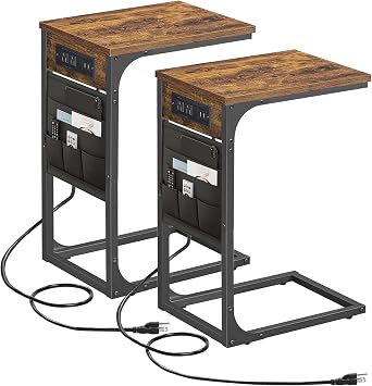 TUTOTAK C Shaped End Table with Charging Station, Side Table for Sofa