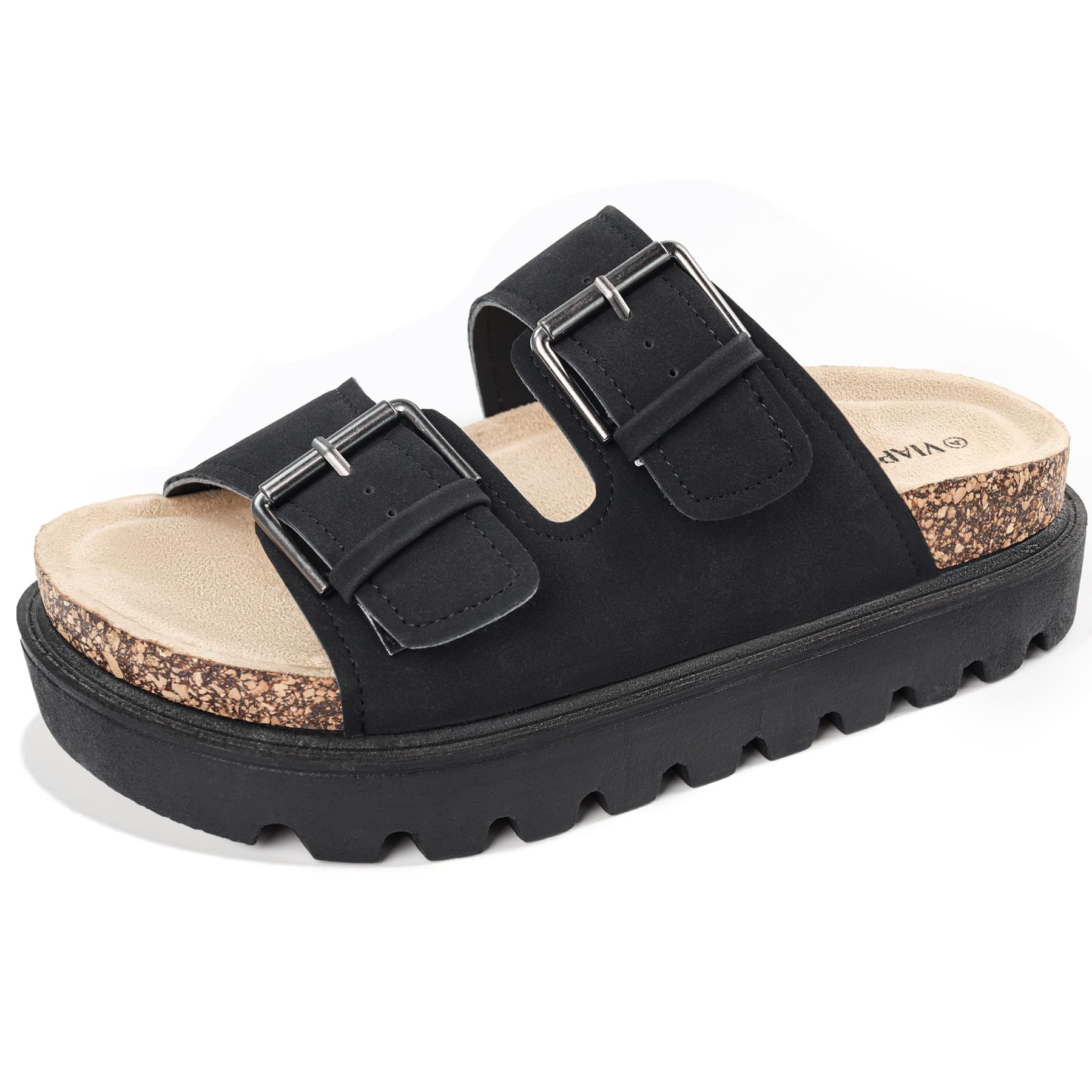 Viapipa Chunky Platform Sandals for Women, Waterproof Non-Slip Rubber Sole, Adjustable Double Buckle, Arch Support Open Toe Slide Sandals, Comfortable
