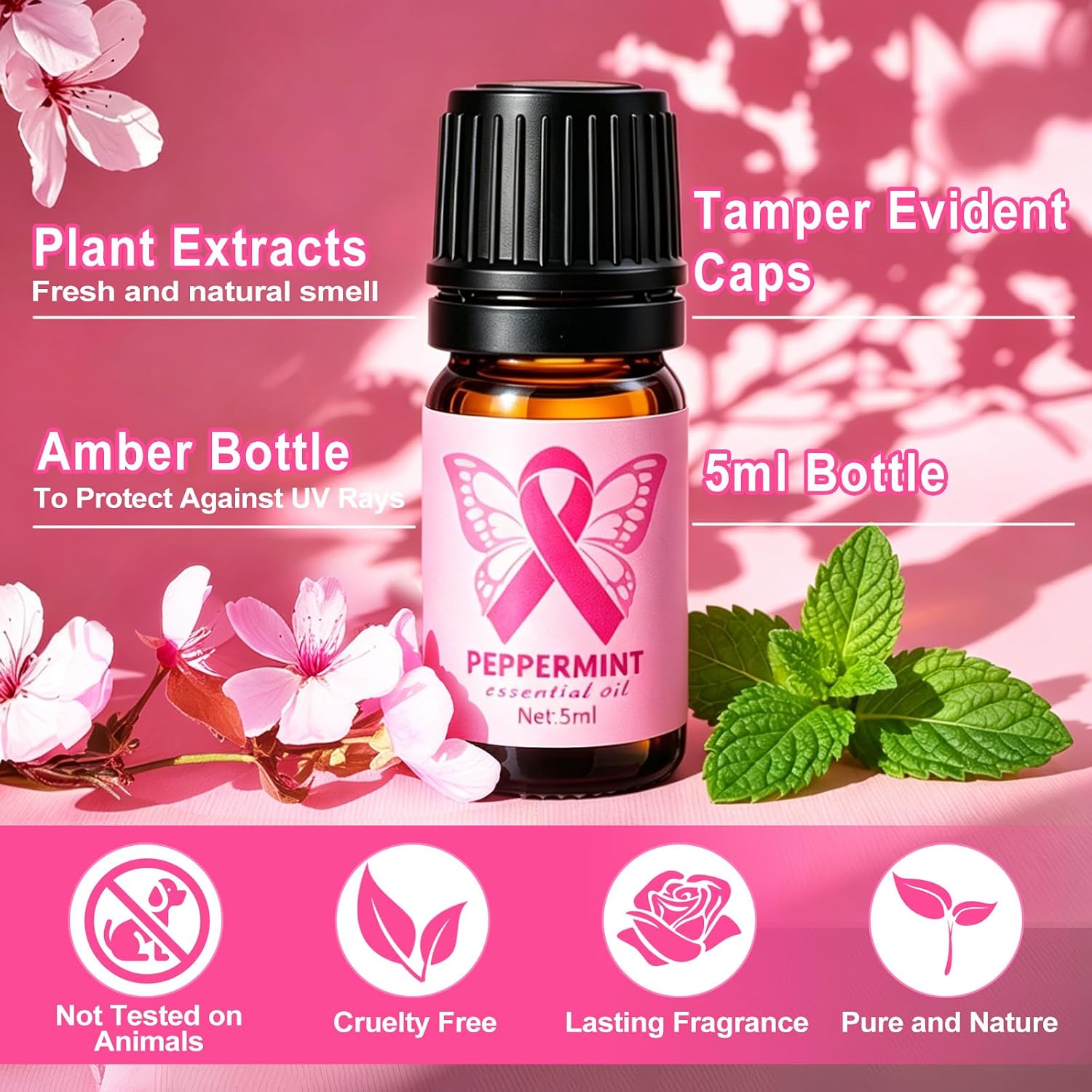 50 PCS Breast Cancer Awareness Peppermint Essential Oil Set for Skin Diffuser Candle Making Pink Ribbon Fragrance Aromatherapy Oils for Pink October Breast Cancer Charity Survivor Gifts (5ml)