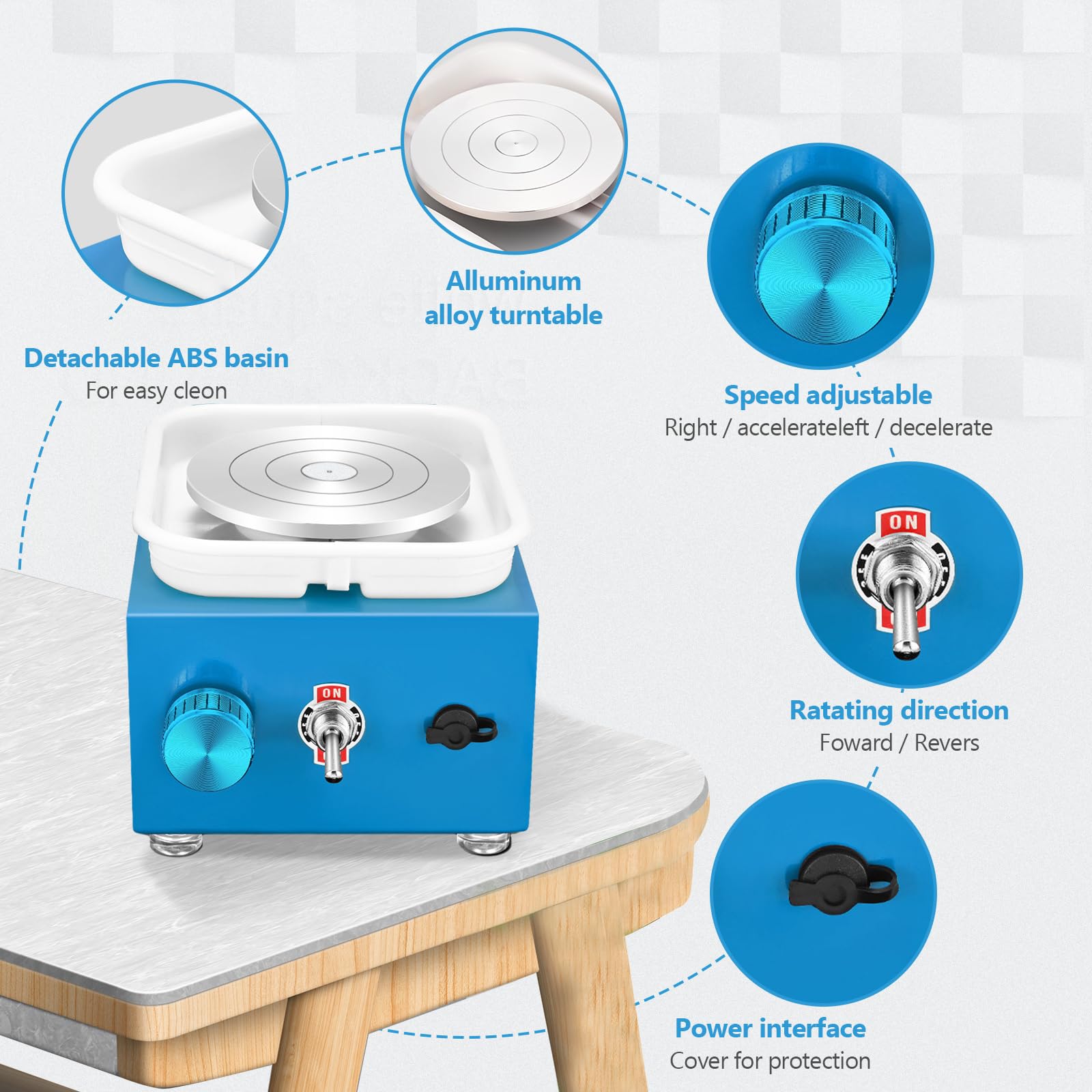 Torno Alfarero,Torno Ceramica 2000 RPM de Velocidad Ajustable,Torno de Alfarero con Placas de 10/6,5 cm,Kit Ceramica para Niños y Adultos（Azul）