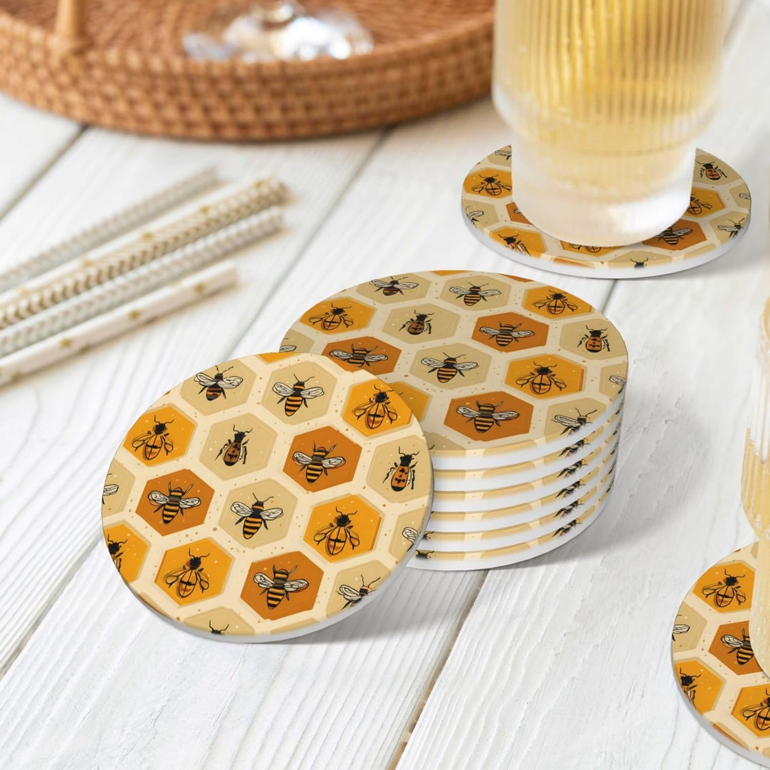 (Honeycomb) Ceramic Coasters Set of 6 with Holder Non-Slip Round Coffee Coasters for for Cup Mug Drink Patio Coffee Table Decor, Christmas Coasters Home Bar Supplies