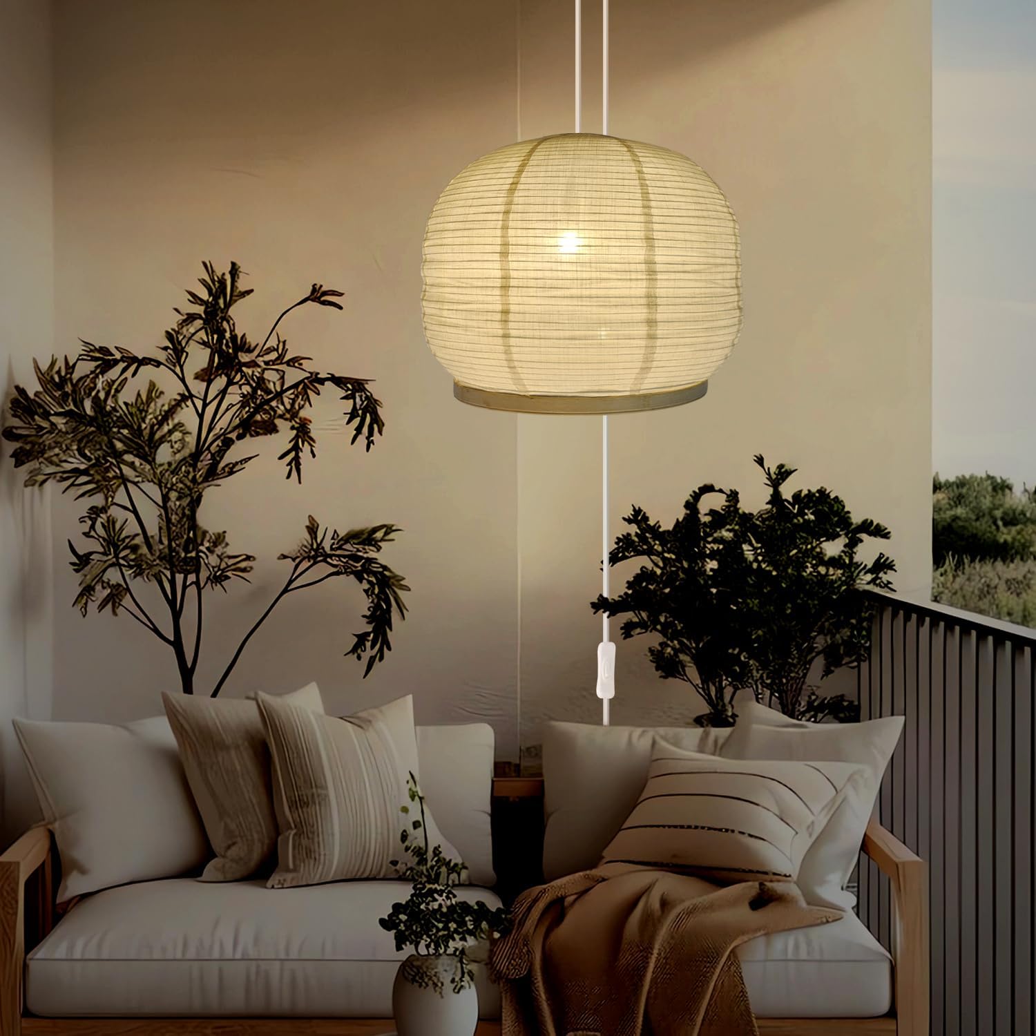 Plug in Pendant Light E26 Base 18 inch Japandi Linen Boho Hanging Lights Handmade Beige Linen and Bamboo Material for Bedroom,Farmhouse Pendant Lights Kitchen Island Living Room Natural Style