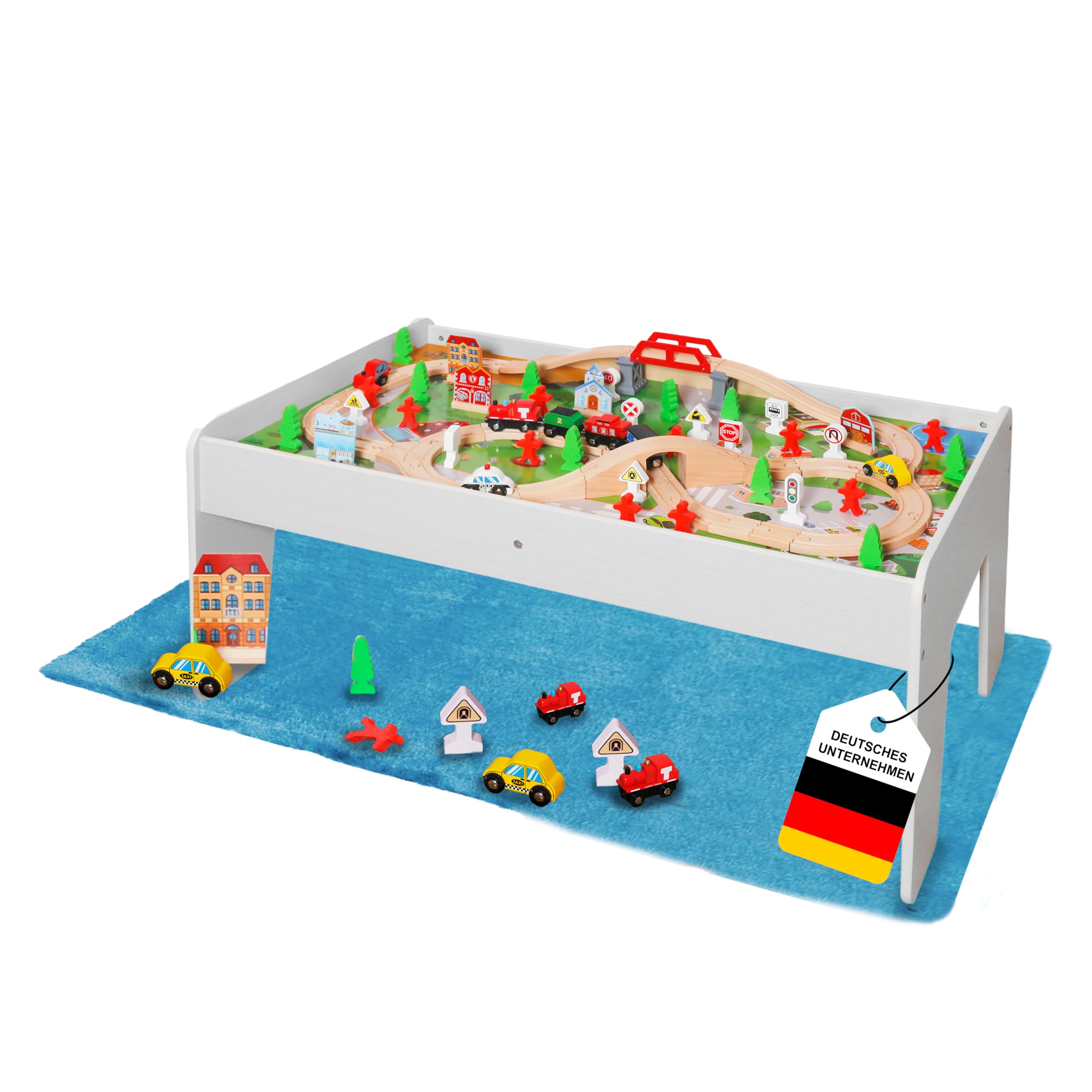 Coemo Table de jeu avec chemin de fer en bois - 91 pièces - Table multifonction pour les enfants - Pour jouer, bricoler, construire et améliorer la motricité - Superbe cadeau