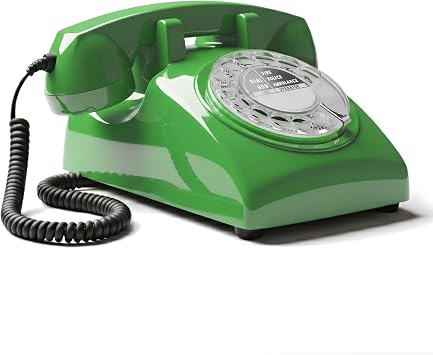Opis Technology 60s Cable Retro Rotary Dial Landline Telephone, Green | Old fashioned analogue house phone with metal bell ringer. Fits modern connections, boxes and routers.