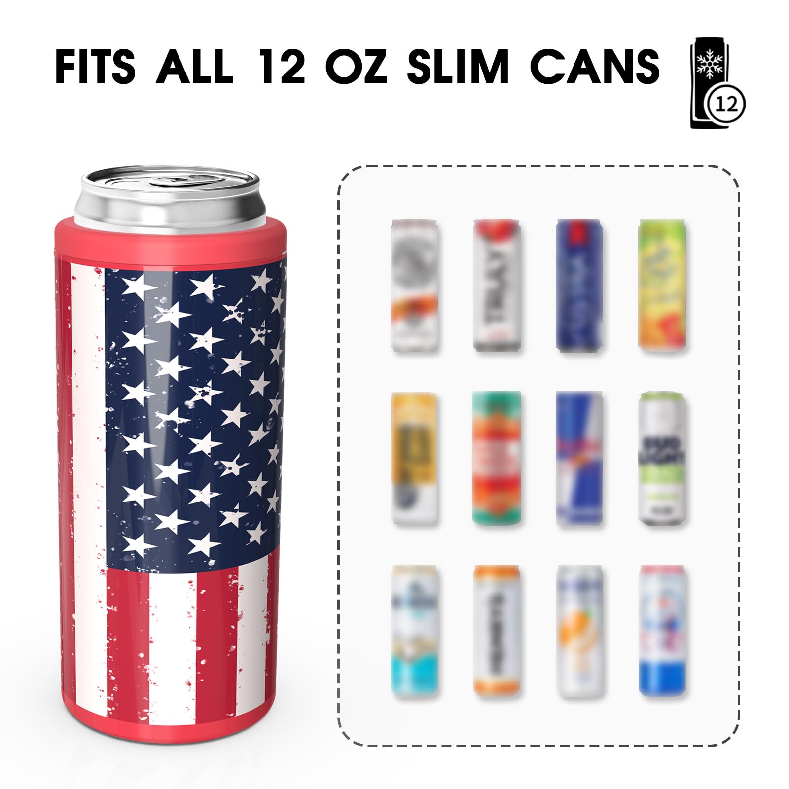 TILUCK Enfriador de latas delgado para cerveza delgada y seltzer duro, acero inoxidable, doble pared, latas delgadas aisladas de acero inoxidable, estándar de 12 onzas (bandera de Estados Unidos-01)