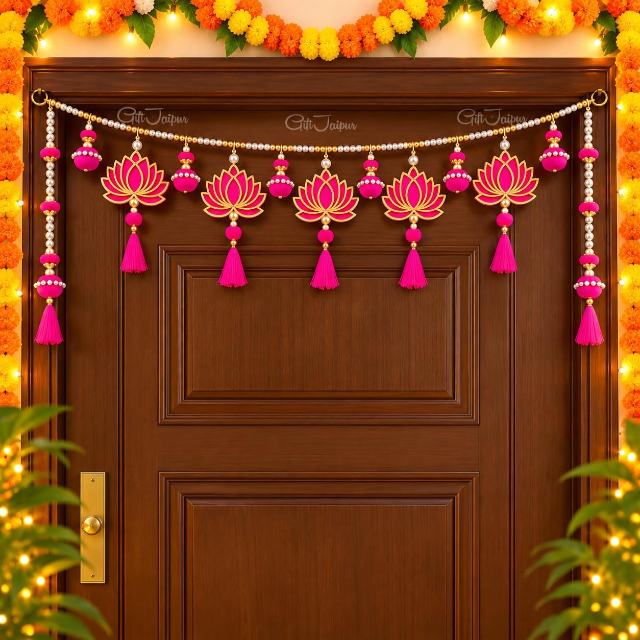 Handmade Door Hanging Pink Lotus Style Door Bandarwal Toran (TL-14) - Diwali Ganesh Pooja New Year Inauguration Wedding Festival Home Decor (40 Inch X 12 Inch)