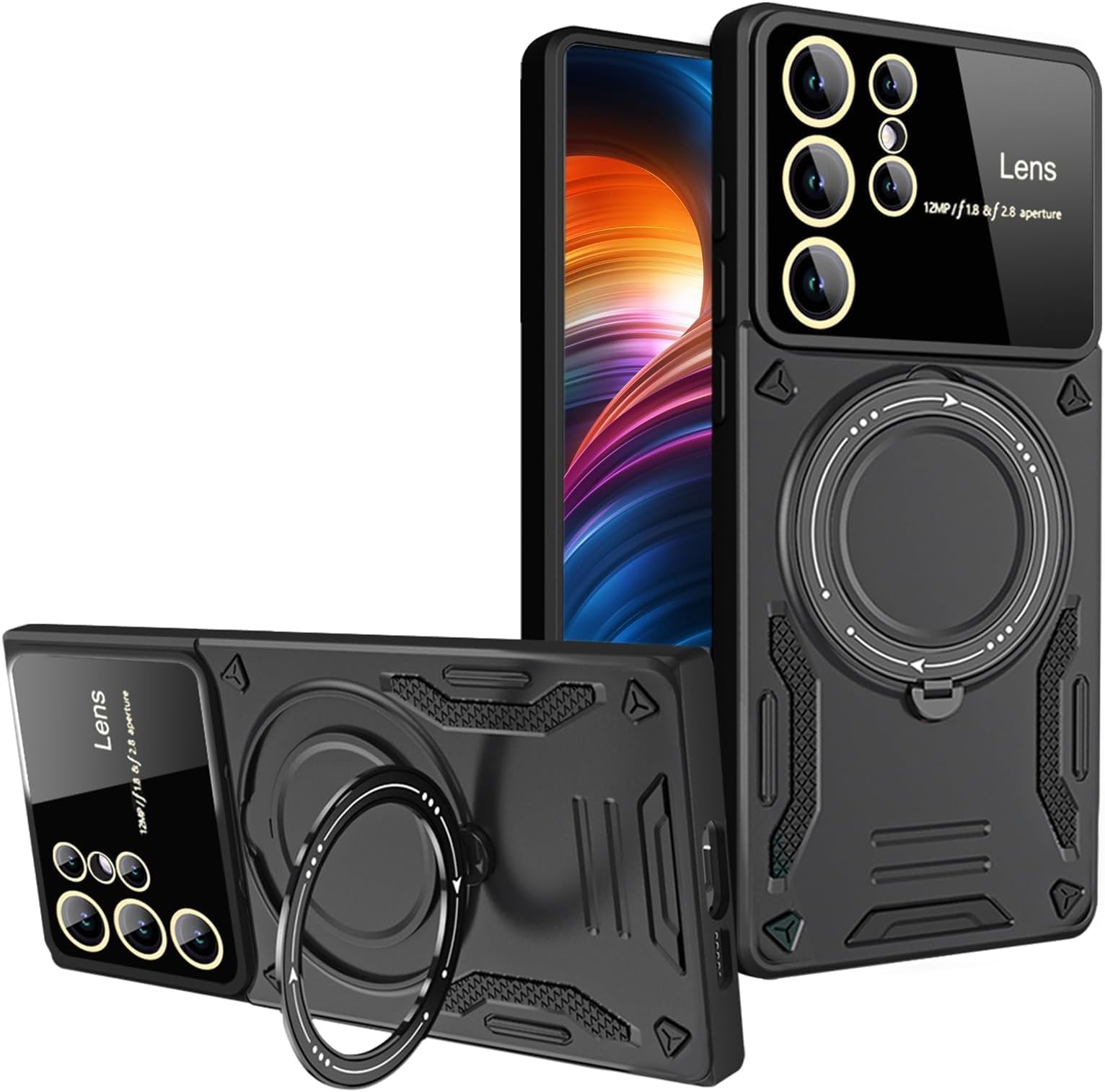 Case for Samsung Galaxy S22 Ultra, Built-in HD Glass Lens Protection [Compatible for Wireless Charging] with [Rotating Magnetic Bracket] Phone Cover for Samsung Galaxy S22 Ultra (S22 Ultra, Black)