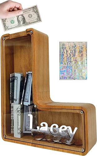 Miniatura 69 de Alcancía para niños y niñas, alcancía grande de madera personalizada con diseño recortado, bancos de monedas con letras del alfabeto, caja de ahorro