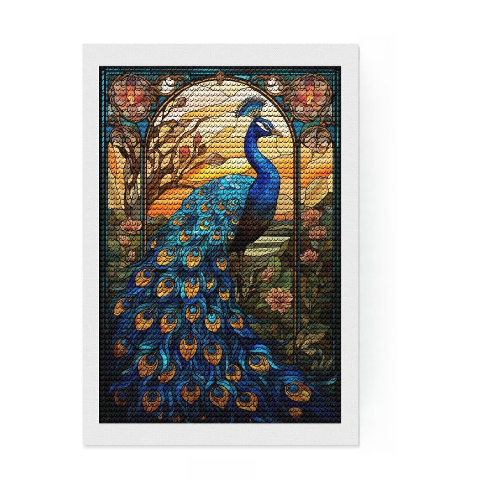 Junmoney Peacock Stained Glass Diamond Painting Set 8"x12", Gift Idea, for Women, with Tool Kit, Boho Decor, Stress Relief Craft, Adhesive Canvas