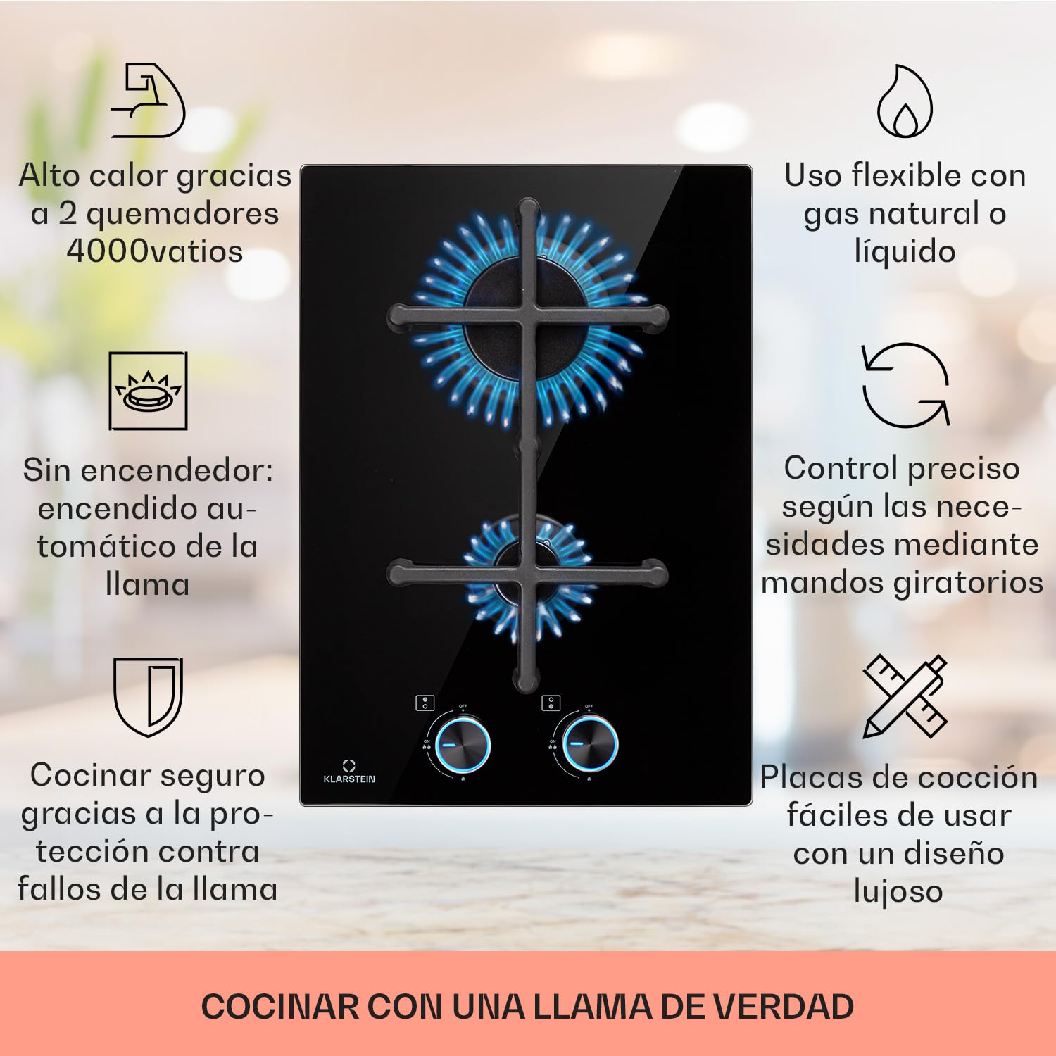 Klarstein Encimera Cocina de Gas, 2 Quemadores, Placa de Gas 4000W para Cocina, Cocinas de con Quemador Wok de Acero Inoxidable, Encimera 2 Fuegos con Quemadores de para Casa