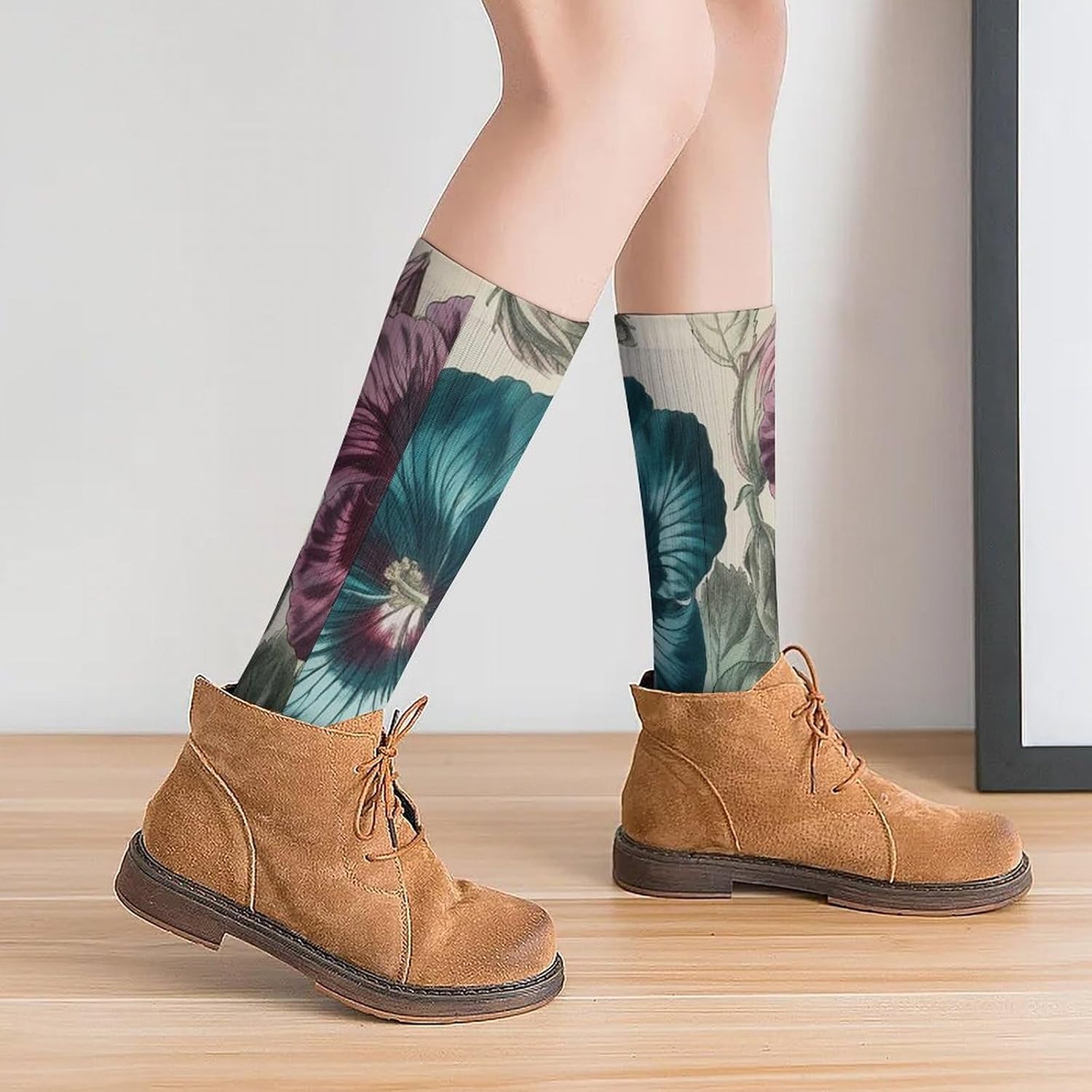 Breathable Crew Sock, Moisture Wicking, Athletic Calf Socks, Cozy | Three Flowers Painting Compression Socks for Women Men, Lightweight High Work Socks for Business, Casual