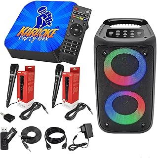Karaoke party box azul profissional +2 microfones +caixa de som +de