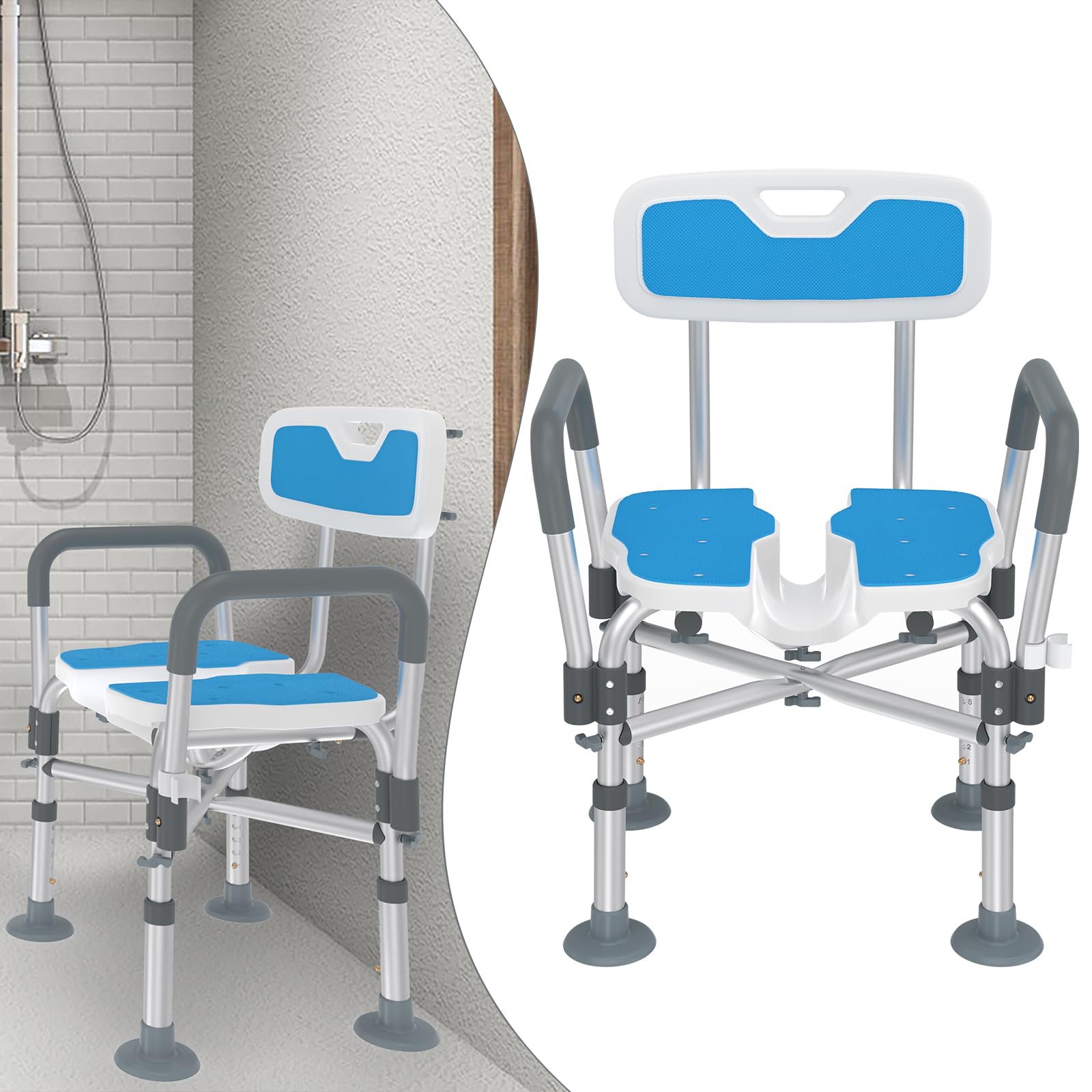 Froadp Taburete de ducha para personas mayores con placa de asiento empotrada, reposabrazos y respaldo extraíbles, altura ajustable, 200 kg, para personas mayores, embarazadas, discapacitados