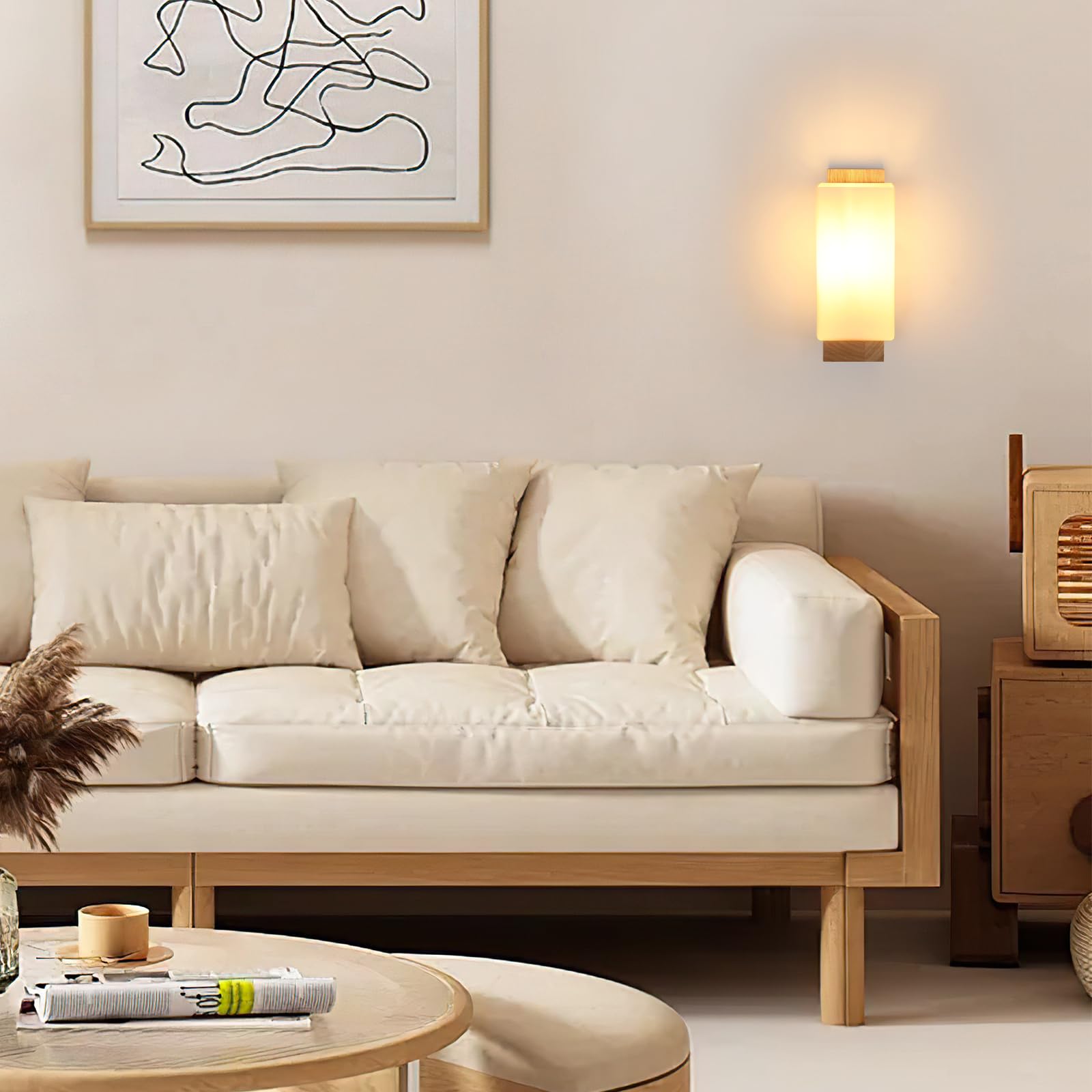 Applique Murale Intérieure Bois E27, Moderne Lampe Murale avec Abat-jour en Verre, Luminaire Murale Chambre Décoration Intérieure pour Cuisine, Salon, Couloir