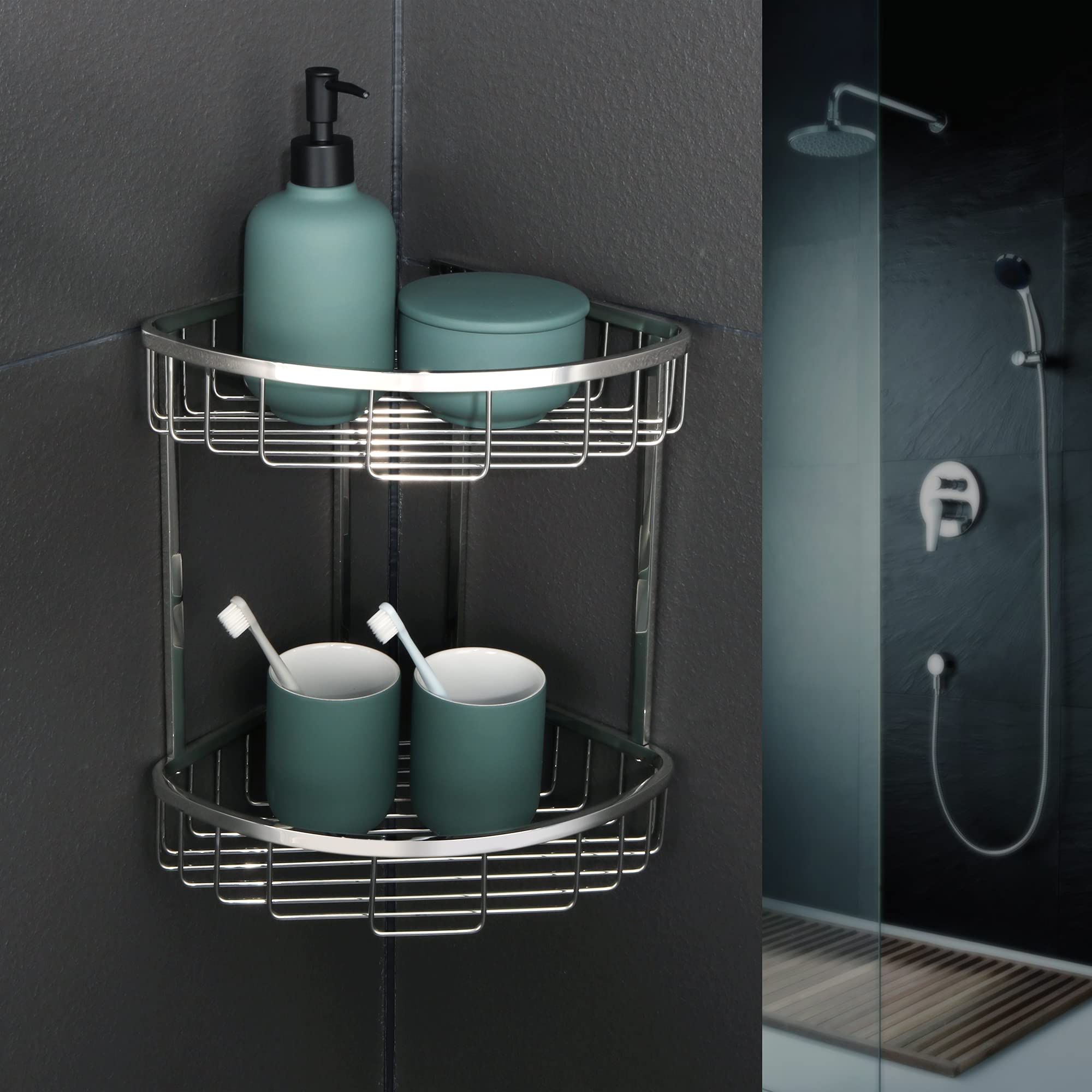 SAYAYO Mensola Doccia Angolare Mensola Bagno in Acciaio Inox 304, Portasapone Doccia Angolo Ripiani Angolari Per Bagno Cestino Portaoggettia Parete a 2 Piani, Cromo Lucido