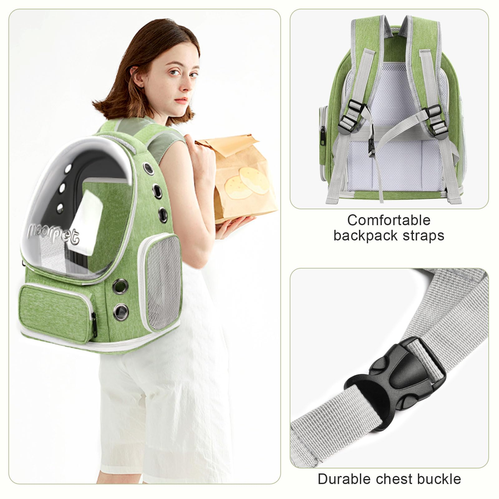 Breathable Cat Bubble Backpack Large Space Pet Carrier Backpack Expandable for Kitty Dog, Foldable Airline Approved Cat Backpack, Transparent PetTravel Backpack Up to 20 lbs (Green) (Green) - image 3