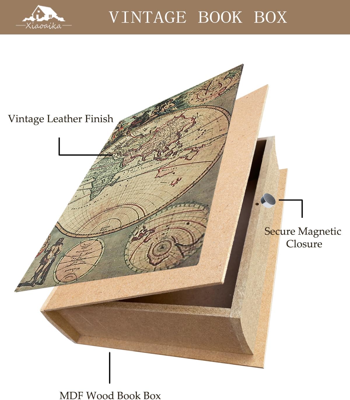 Decorative Wooden Book Boxes Set of 3, World Map Pattern, Antique Look with Magnetic Leather Cover, Hidden Secret Storage for Jewelry, Keepsakes, and Gifts