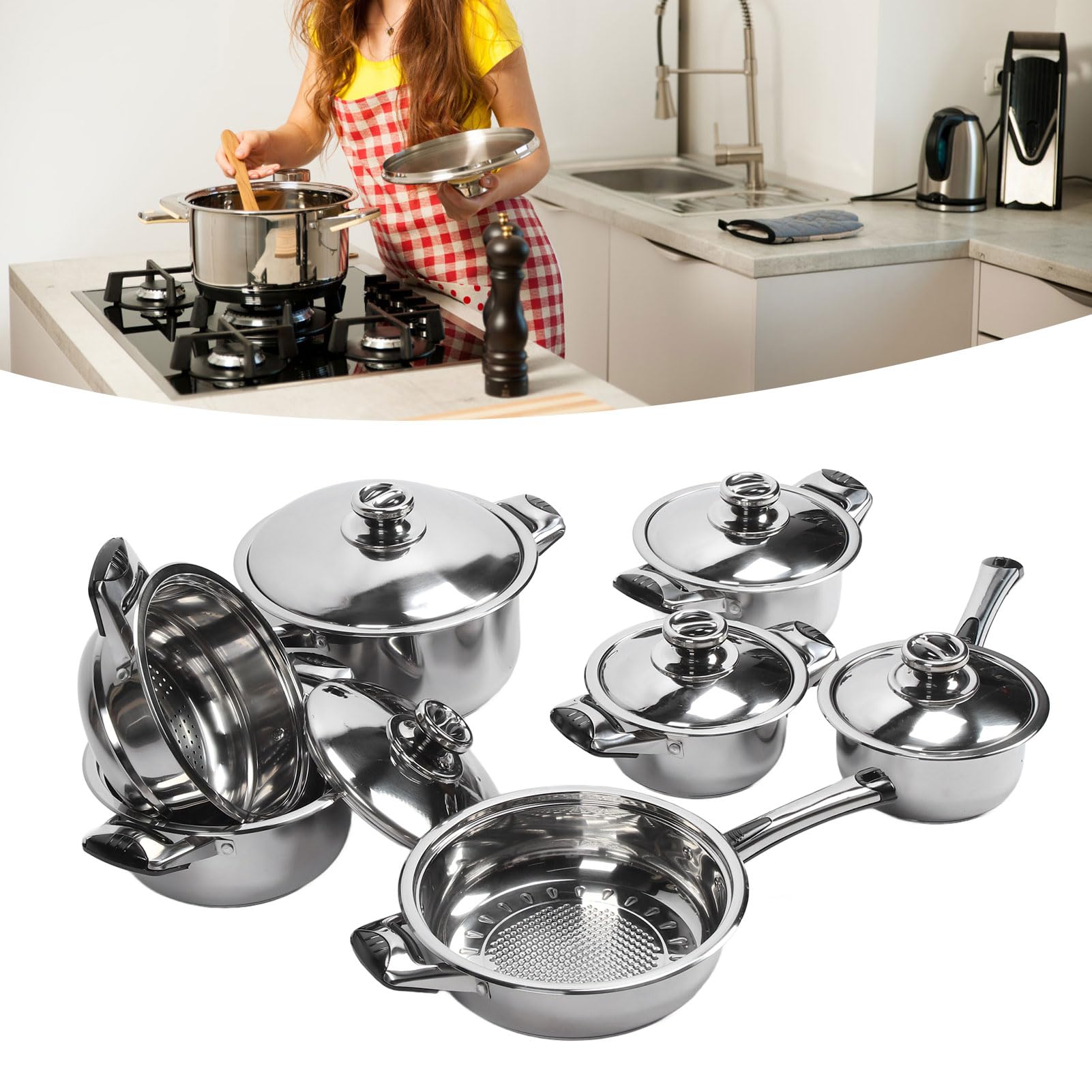 Rengue Set di Pentole in Acciaio Inossidabile Set da da 7 Pezzi Pentole e Padelle per Friggere Stufati con Conduzione del Calore Uniforme per Chef Domestico