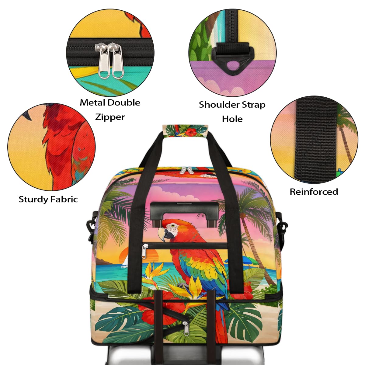Borsone da viaggio pieghevole con motivo tropicale e ibisco, borsa da palestra espandibile con scomparto per scarpe, grande capacità, borsa da weekender, borsa da viaggio, sport, viaggi notturni