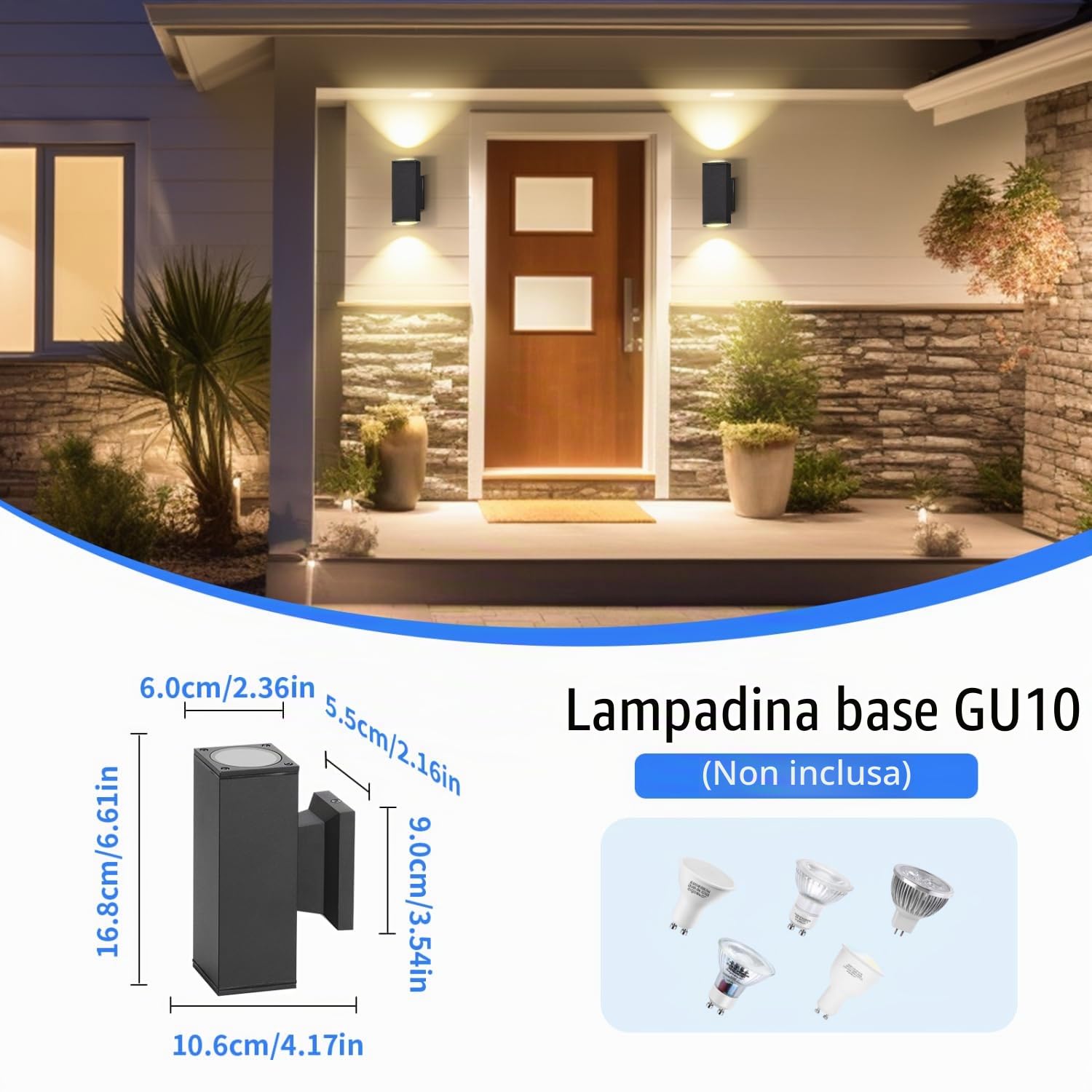 Aigostar Lampada da Parete Esterno Impermeabile IP65, GU10 Alluminio Up Down Lampada da Parete Esterni, Applique Moderna Esterno per Portico, Corridoio, Terrazza, Nero, Confezione da 6