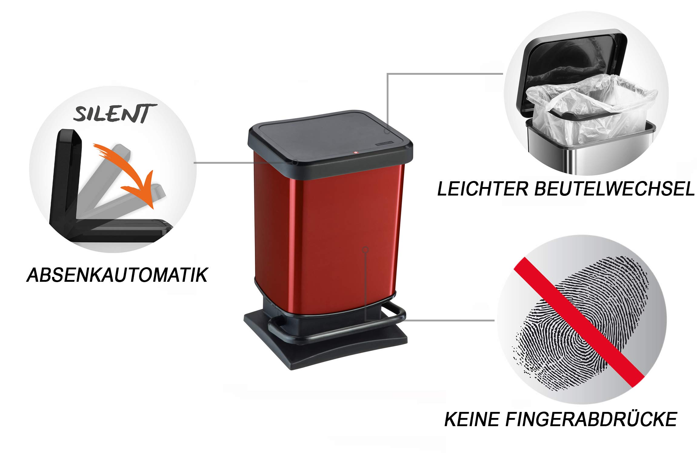 Rotho Paso Poubelle 20l avec pédale et couvercle Plastique PP sans BPA rouge métallique