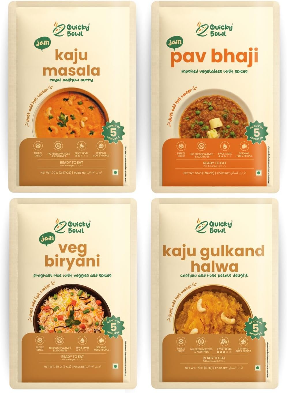 Quickybowl ready to eat Jain Meal Combo with sweet | Instant Food | No onion No garlic | freeze dried | (Pack of 4)