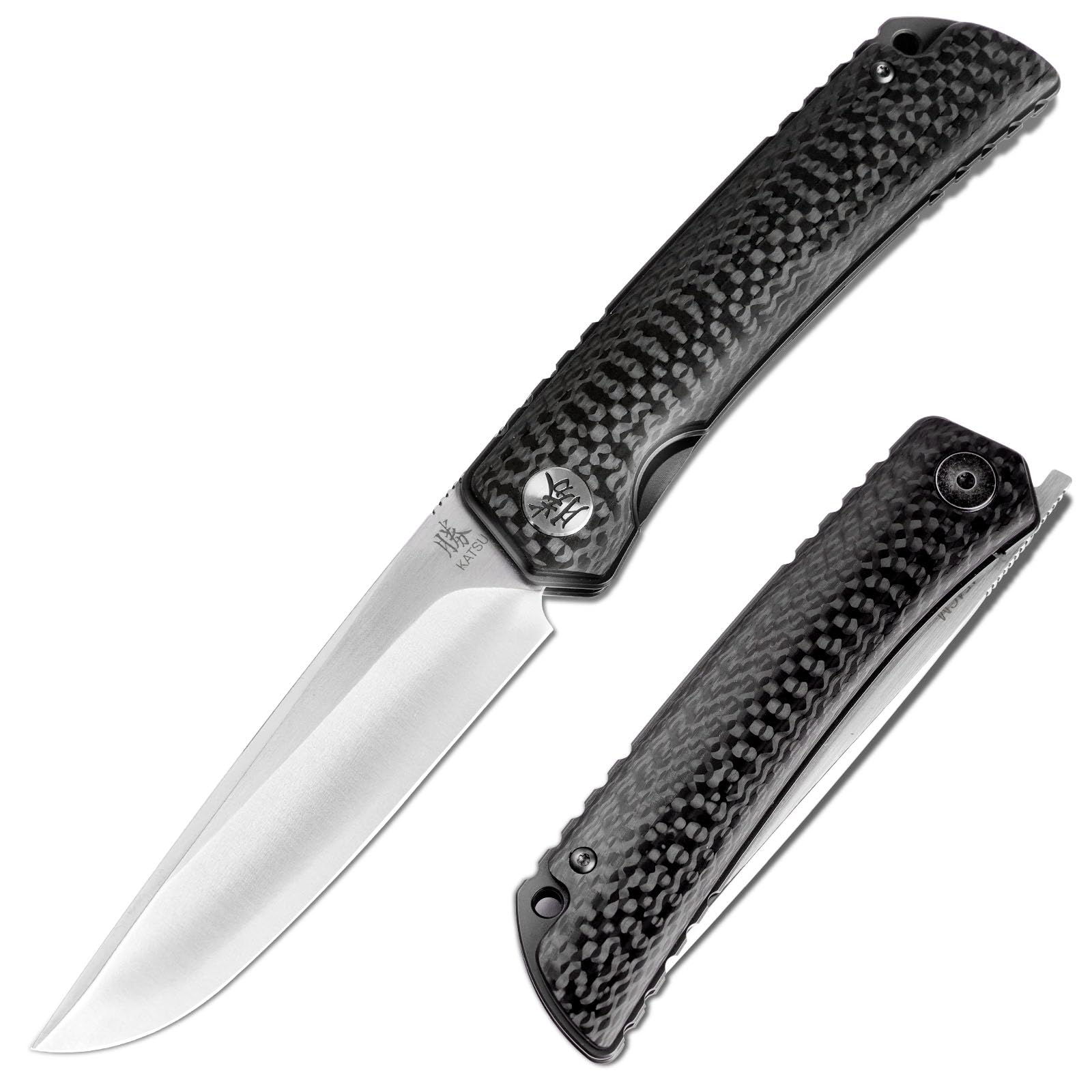 KATSU 154CM Steel Folding Knife for Men, 3.5'' Blade Pocket Knife for Camping Hiking Carbon Fiber Handle, Quick Open Work Knife with Leather Sheath