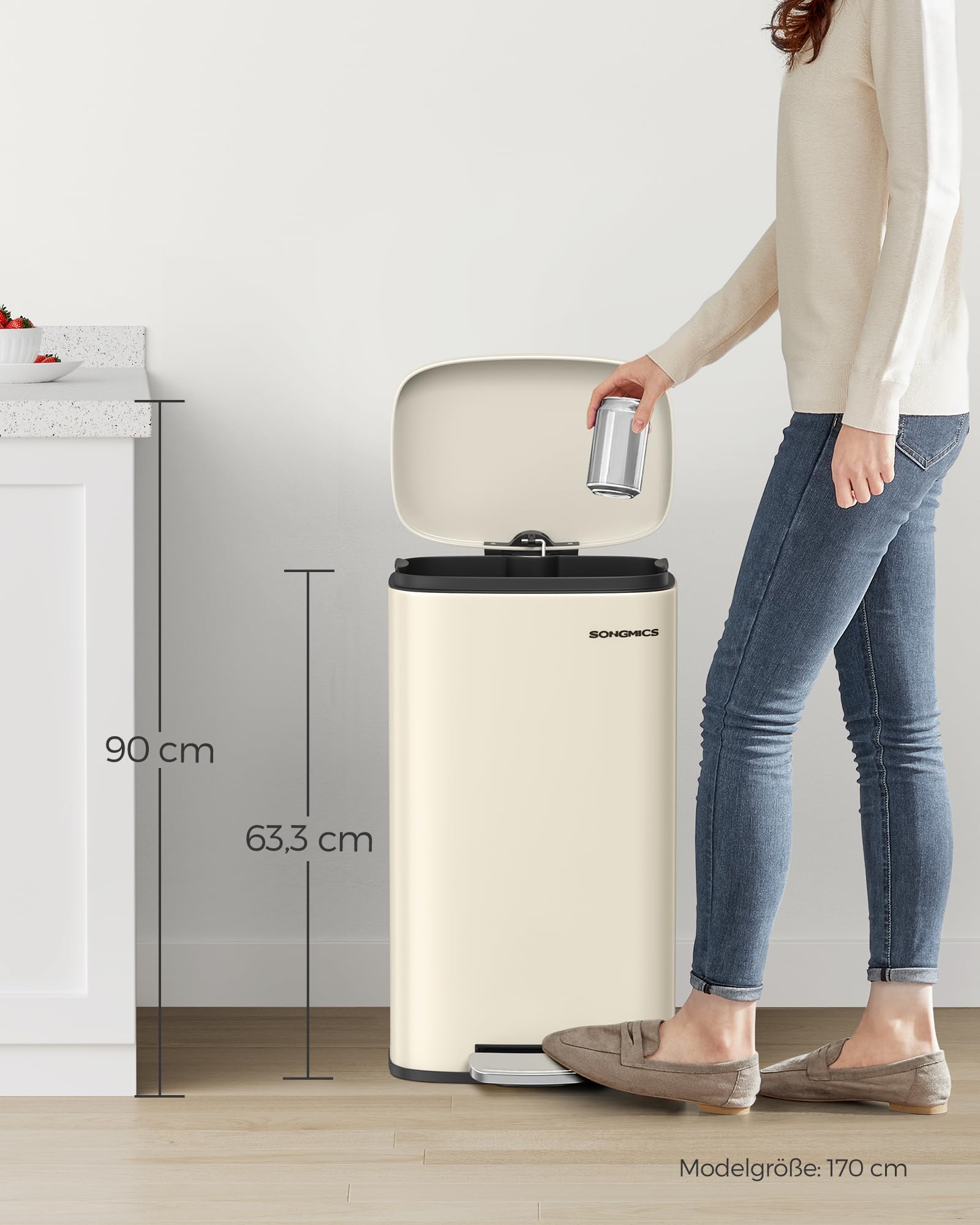 SONGMICS Mülleimer Küche 30 Liter Treteimer Softclose Stahl sandbeige LTB03A02