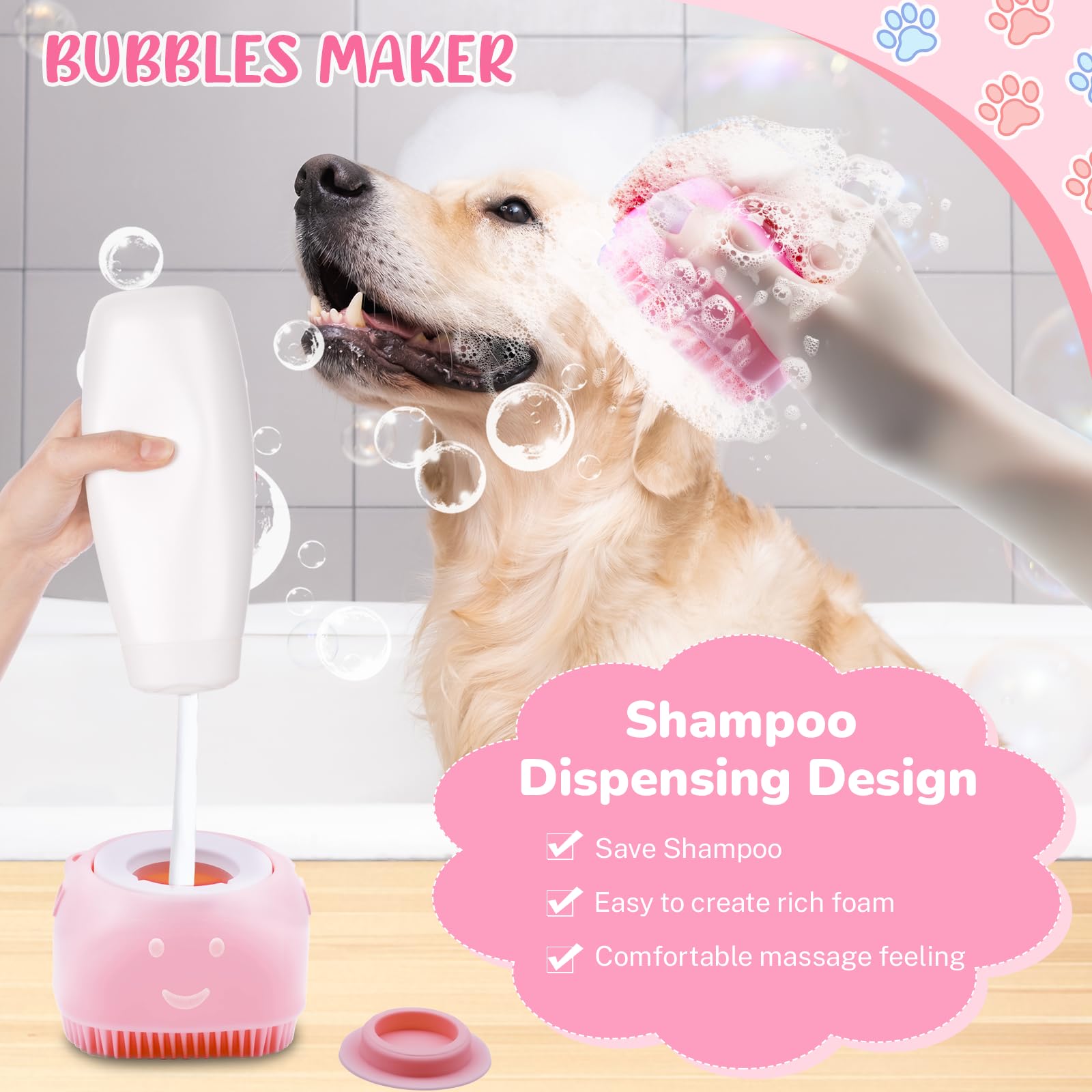 Kit de toilettage pour chien - 8 pièces avec brosse à démêler, gants de bain, serviettes et brosse à dents en silicone - Idéal pour chiens, chats, petits et grands animaux de compagnie (rose)