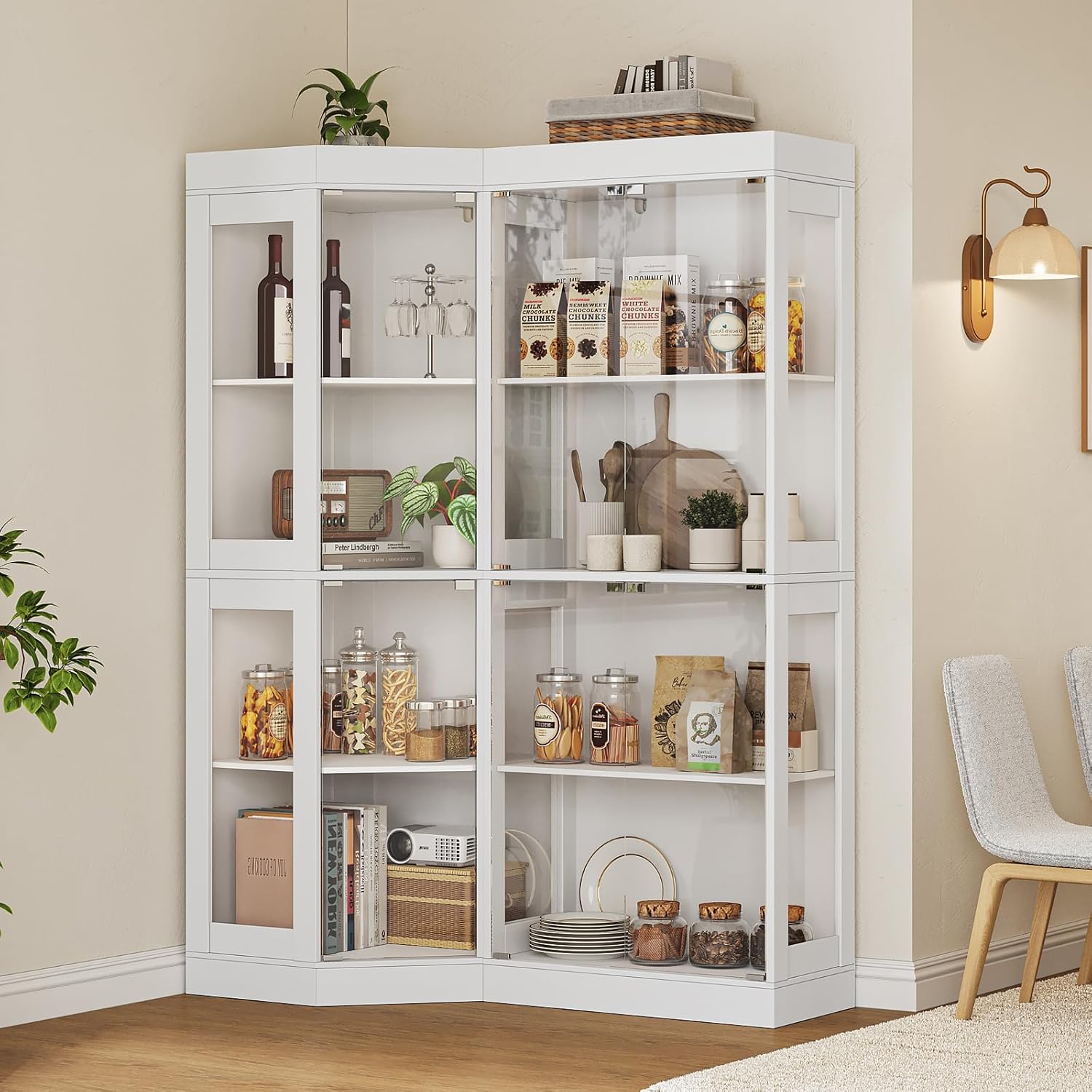 70.1" Large Corner Cabinet with Glass Doors,4 Tiers L-Shaped Storage Cabinet with 8 Shelves & Top Guard Rail，Corner Bookshelf for Living Room, Office, Kitchen，White