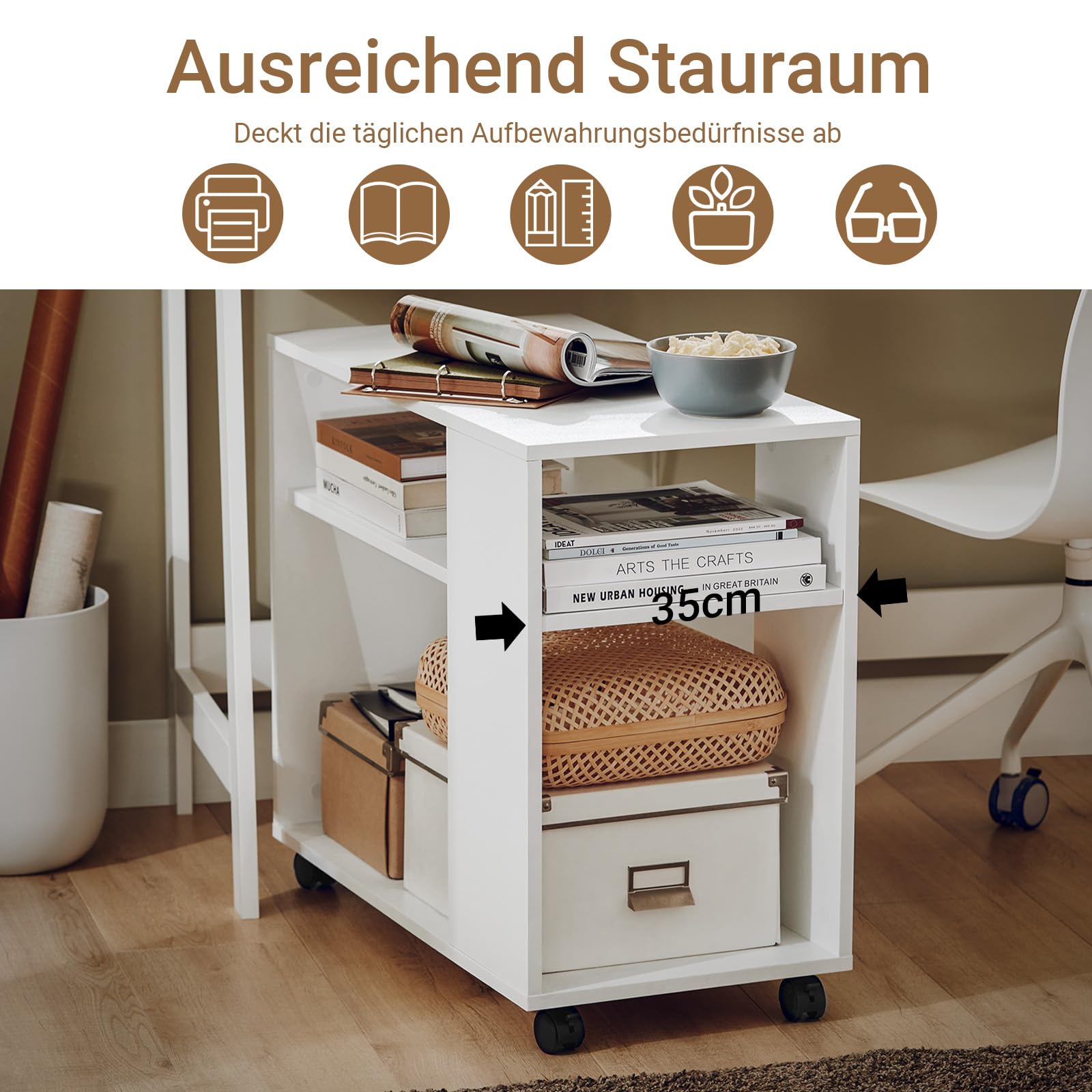 SoBuy Beistelltisch mit Rollen, 2-stufiger Rollender Beistelltisch mit Ablagefächern, Mobiles Bücherregal für Wohnzimmer, Schlafzimmer, Büro, L70 x B35 x H60cm Weiß FBT34-W
