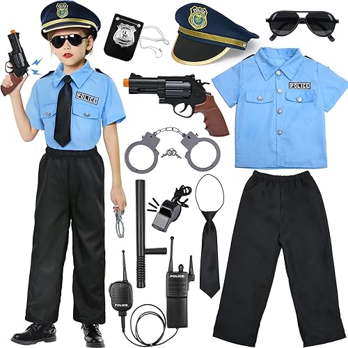 Latocos Police Officer Costume for Kids Halloween Dress Up Set Boy Girl Role Play Cop Shirt Pants with Accessories Toy