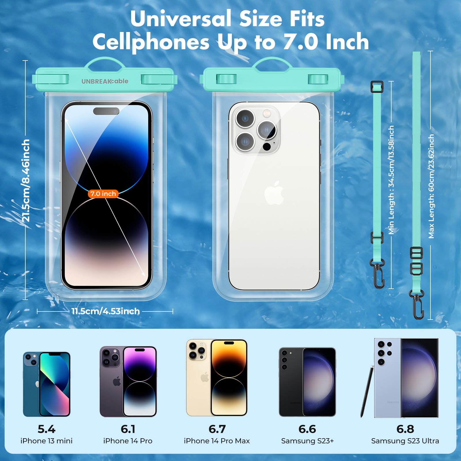 UNBREAKcable Custodia Impermeabile Smartphone IPX8 [2 Pezzi], Cover Cellulare Subacquea per iPhone 13 12 11 PRO Max Mini, XR XS X SE 8 7 6, Samsung S22/S21/S20, Huawei Xiaomi Fino a 7.0"