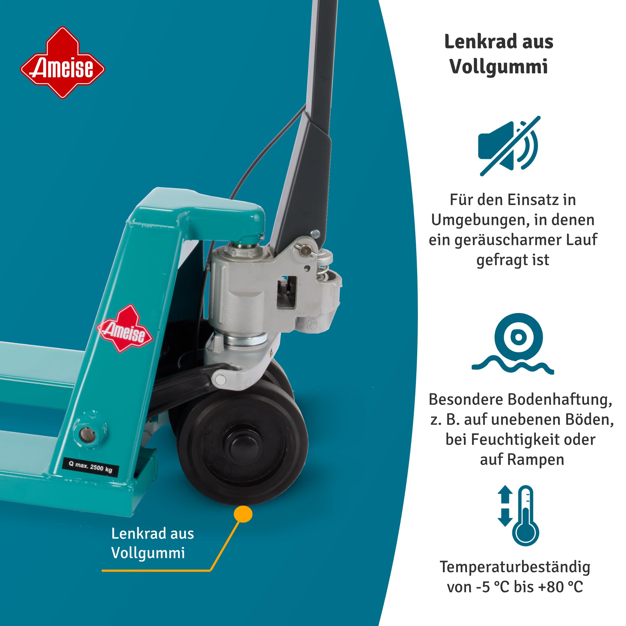 Ameise Hubwagen PTM mit Handbremse | 2.500 kg Tragkraft | 1.150 mm Gabellänge | Lenkrad aus laufruhigem Vollgummi | Einfach-Gabelrollen aus robustem Polyurethan | Palettenhubwagen für Rampeneinsatz