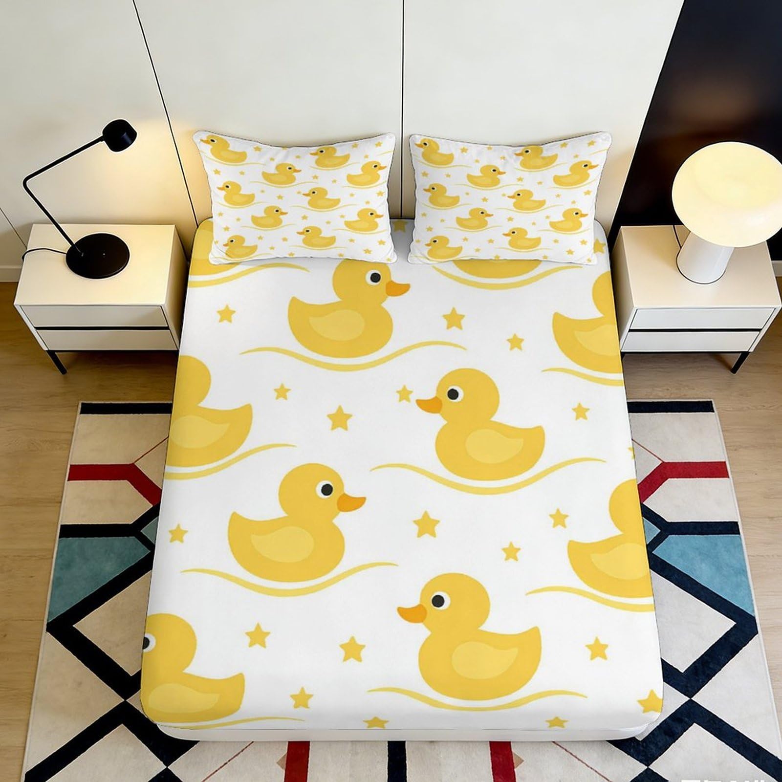 3D Printed Yellow Duck Fitted Sheet Microfiber Soft Bedroom Decor Cute Duckling Mattress Cover for Home Dorm 90x200x25cm