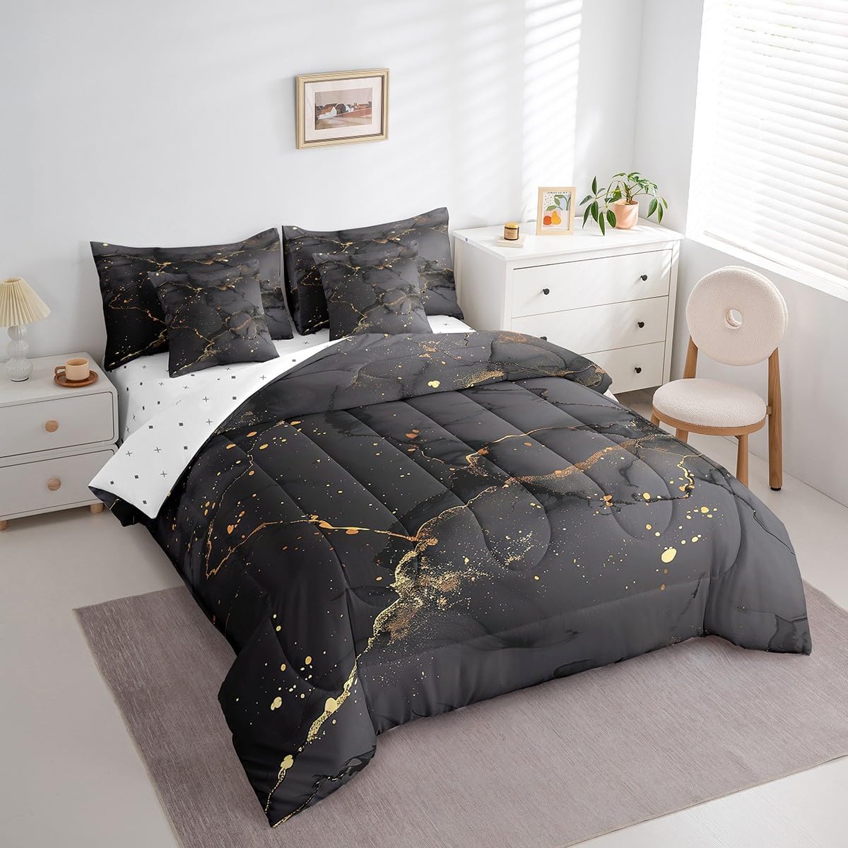 Erosebridal Black Aesthetic Bedding King Size 7-Piece Gold Metallic Comforter Set, Abstract Marble Bedding Comforter Sets Stone Pattern Bed in a Bag, Black and Gold Bedding Accessories image 3