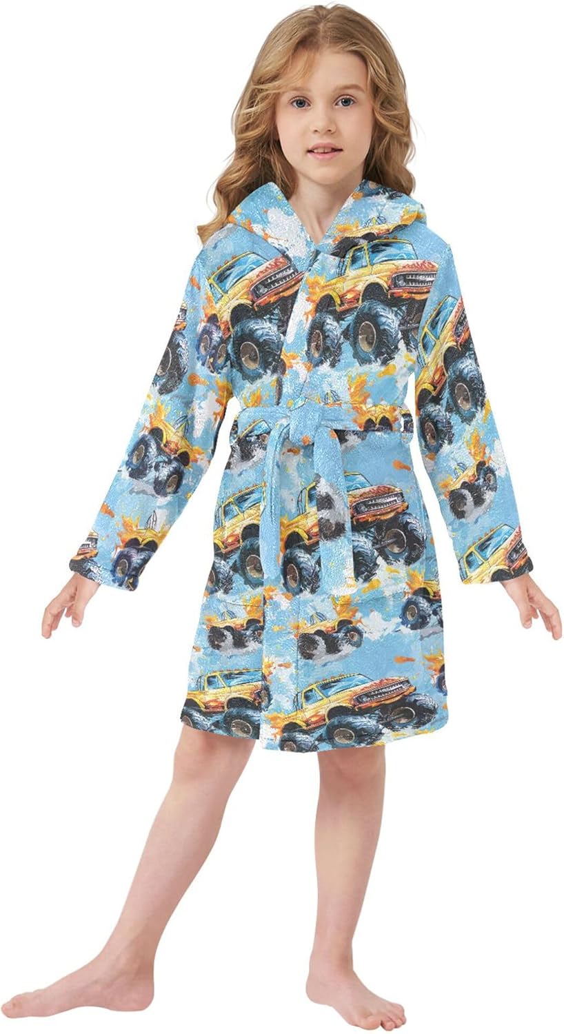 Cartoon Monster Truck Car Bathrobe Hooded PJ Robe Plush Fleece Robe Pajama Sleepwear 2-12 Years