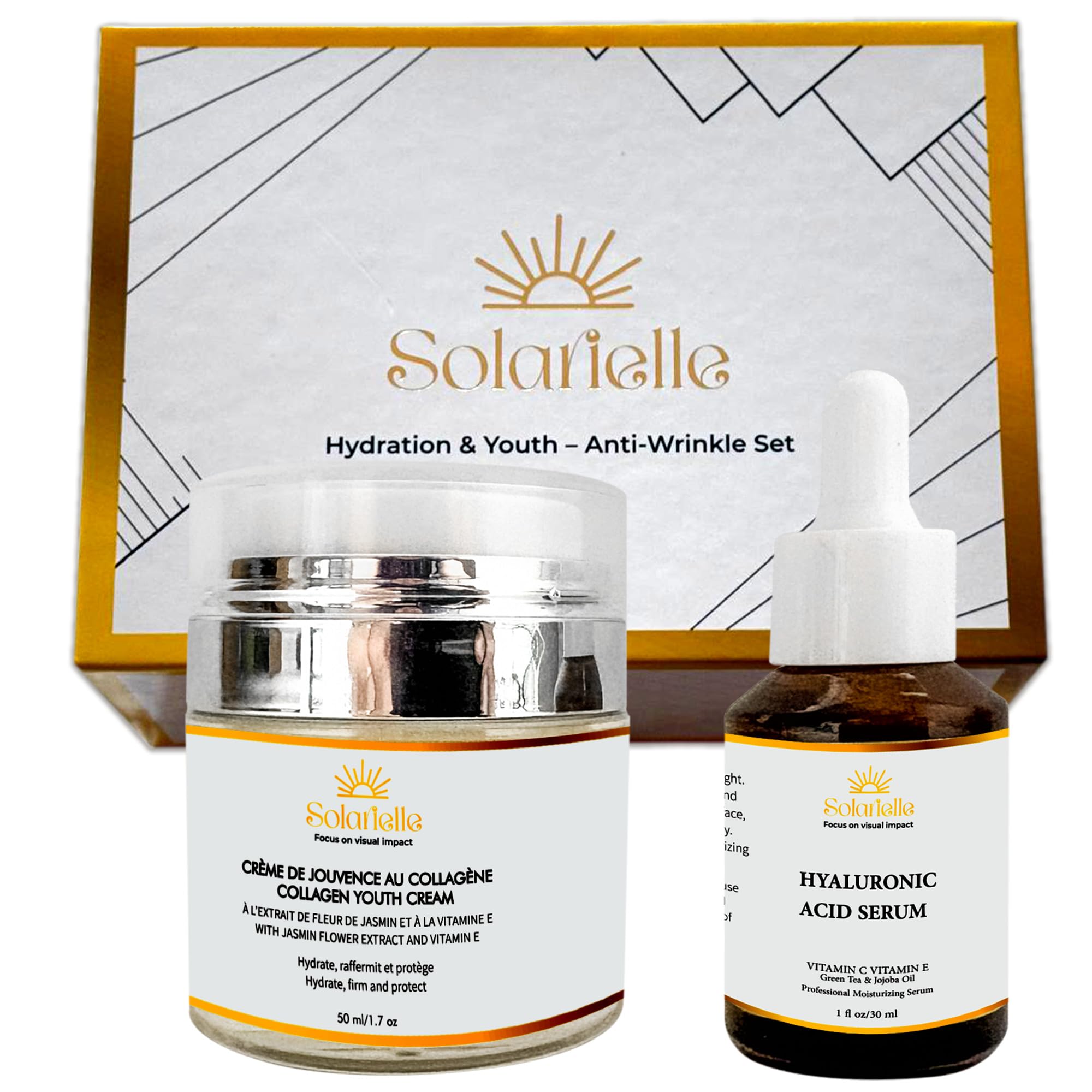 Solarielle” Hydration & Youth – Anti-Wrinkle Set – Skin Care & Beauty Face Moisturizer – Peptides Serum for Face, Crema Hidratante para la Cara, Anti-Aging Cream with Hyaluronic Acid & Retinol
