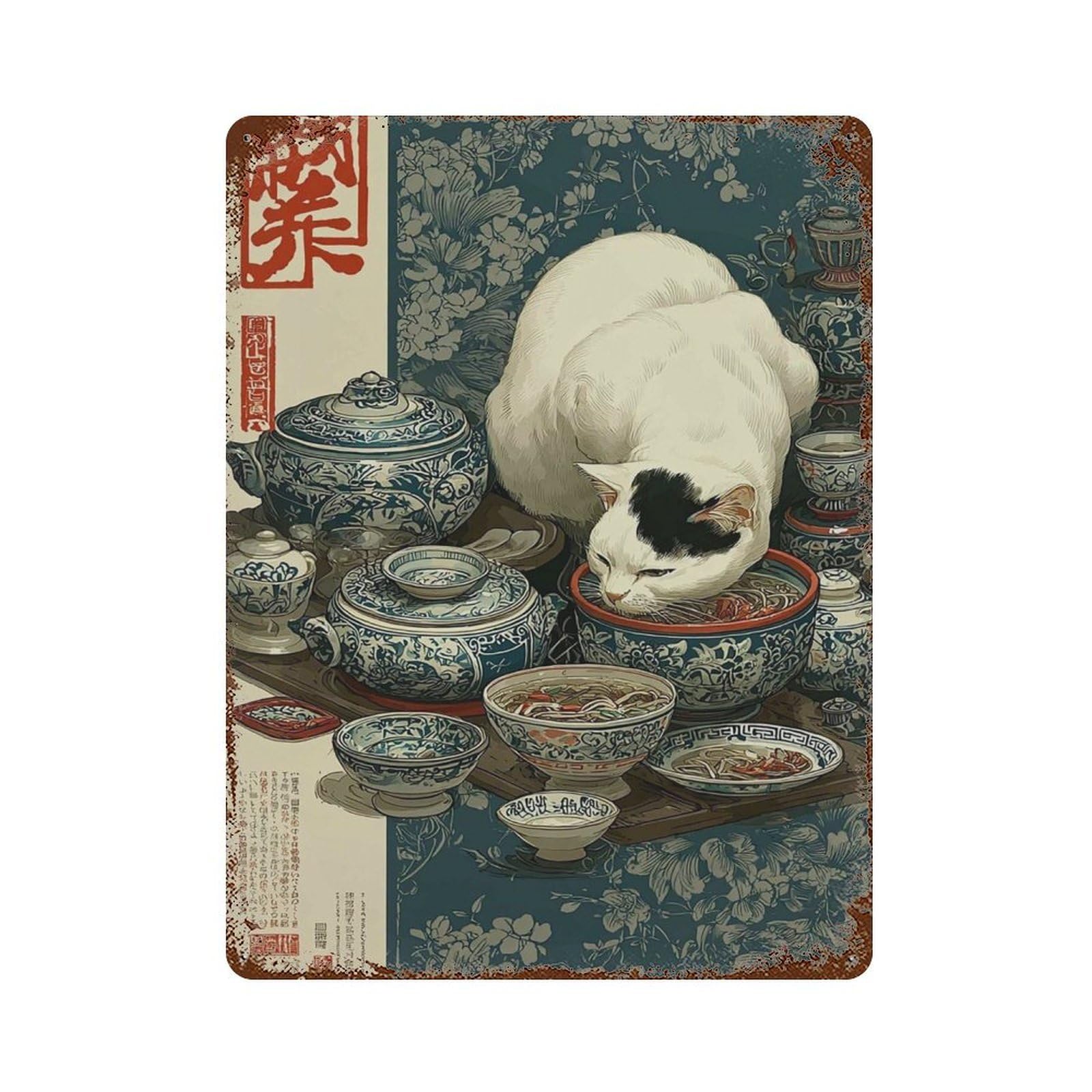 xiaoxiaoshen Cat Chinese Porcelain Style – Asian with Noodles & Blue Pottery Wall Decor Art Metal Tin Poster Modern Home Decor Art Home Bar Shop Decorations Vintage Sign 40x30cm