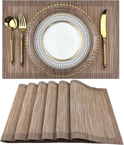 Miniatura 9 de WAZAIGUR Manteles individuales de vinilo tejido de textura mixta, fáciles de limpiar, manteles individuales para mesa de comedor (azul marino, 6)