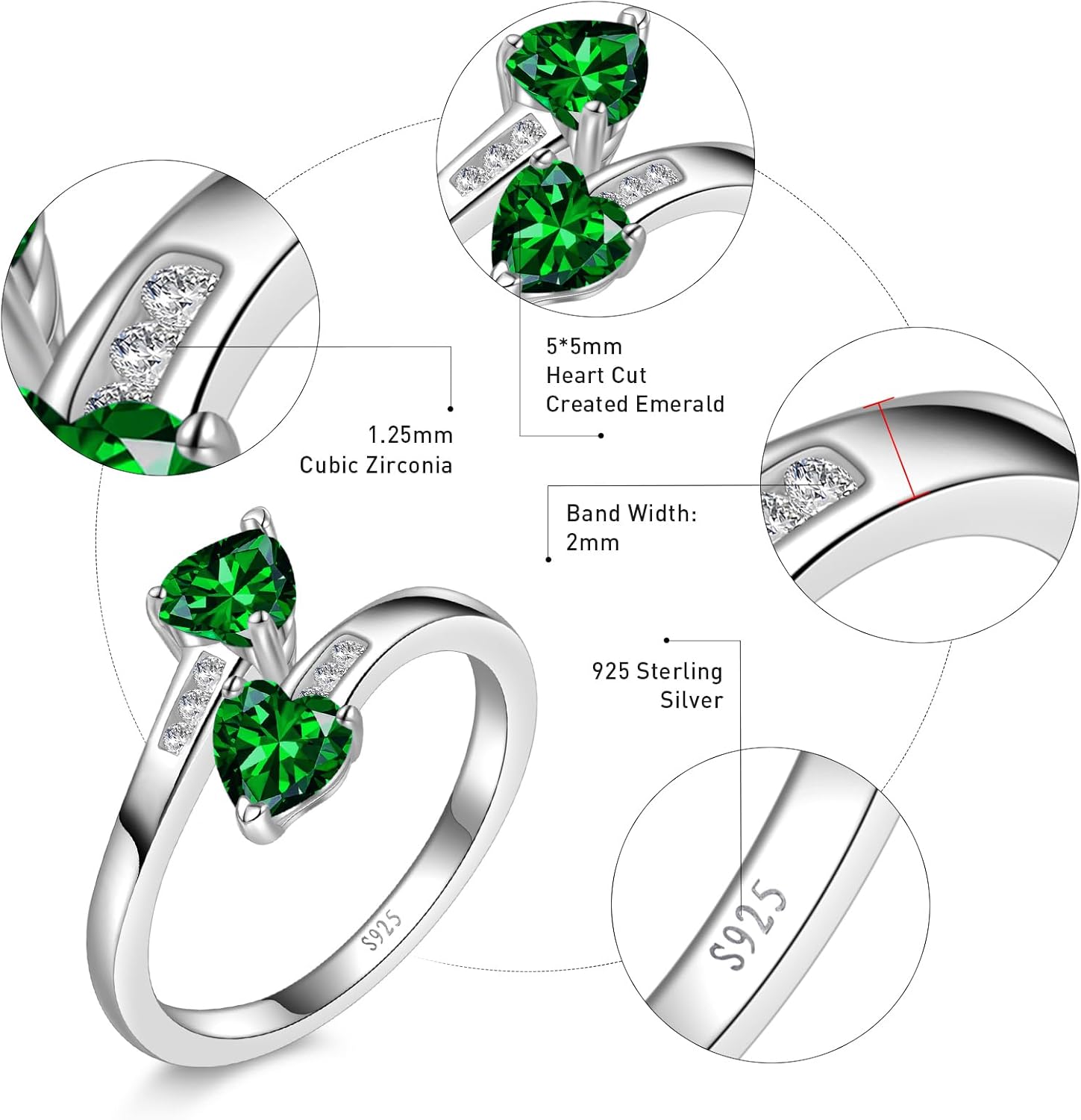 1CT Adjustable Women Heart Ring 925 Sterling Silver Birthstone Rings for Women Promise Ring for her Simulated Gemstone Statement Stackable Band Width 2mm Open Size 5~9 - Image 4