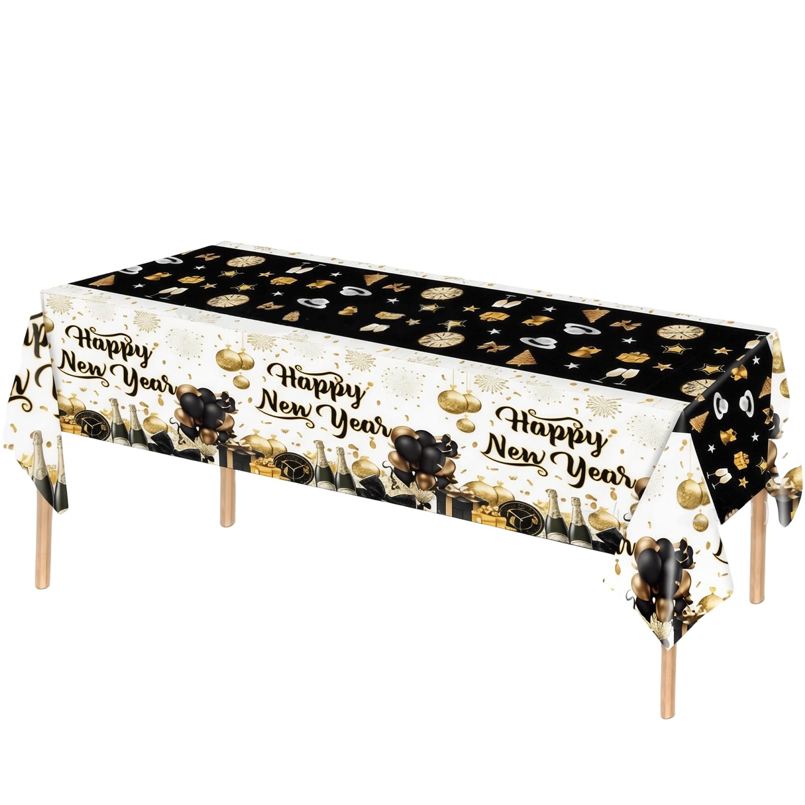 New Years Eve Table Cloth,Happy New Year 2026 Decorations 137 * 274cm Disposable Black White Rectangular Plastic Tablecloth Covers Accessories,for Christmas Winter Holiday Party Tablecloths Supplies