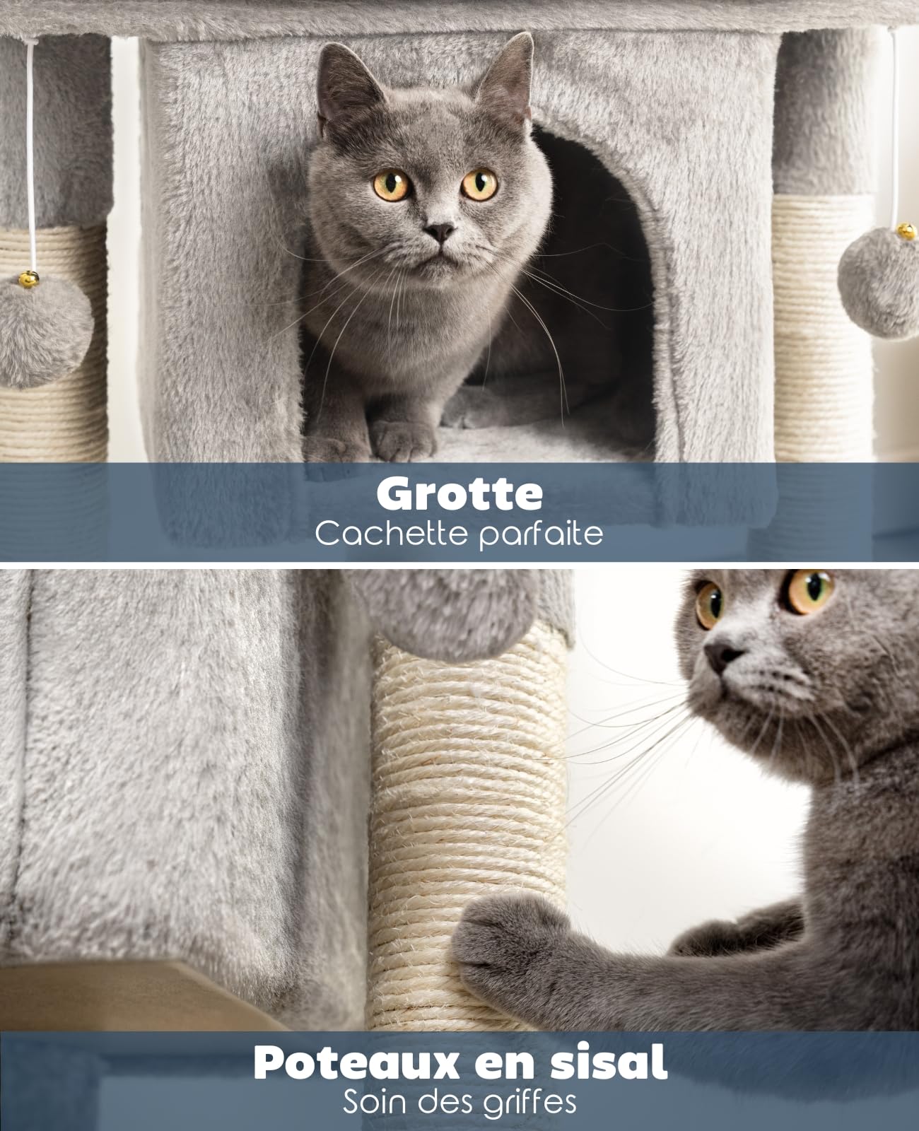 lionto Arbre à Chat avec Niche et 2 balles en Peluche avec grelot, Hauteur 60 cm, avec Corde en sisal Robuste et Peluche Douce, Surface de Repos Confortable, pour Petits et Grands Chats, Gris Clair
