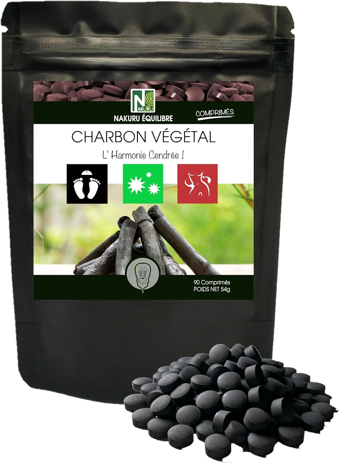 NAKURU | Vegetable Charcoal | Balance Range | Made in France | “L’Harmonie Cendère!” (90 tablets of 600 mg / Net weight: 54 g)