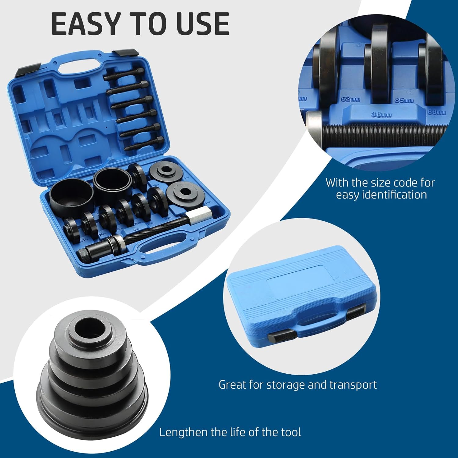 DASBET Front Wheel Drive Bearing Puller | 19PCS Front Wheel Hub Drive Bearing Removal Install Adapter Puller Pulley Service Tool Kit